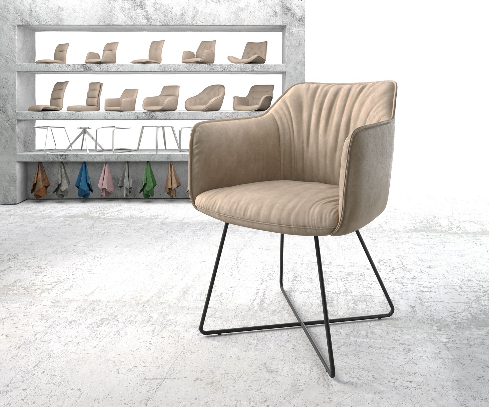 Chaise-de-salle-à-manger Elda-Flex avec accoudoir beige vintage cadre en X noir