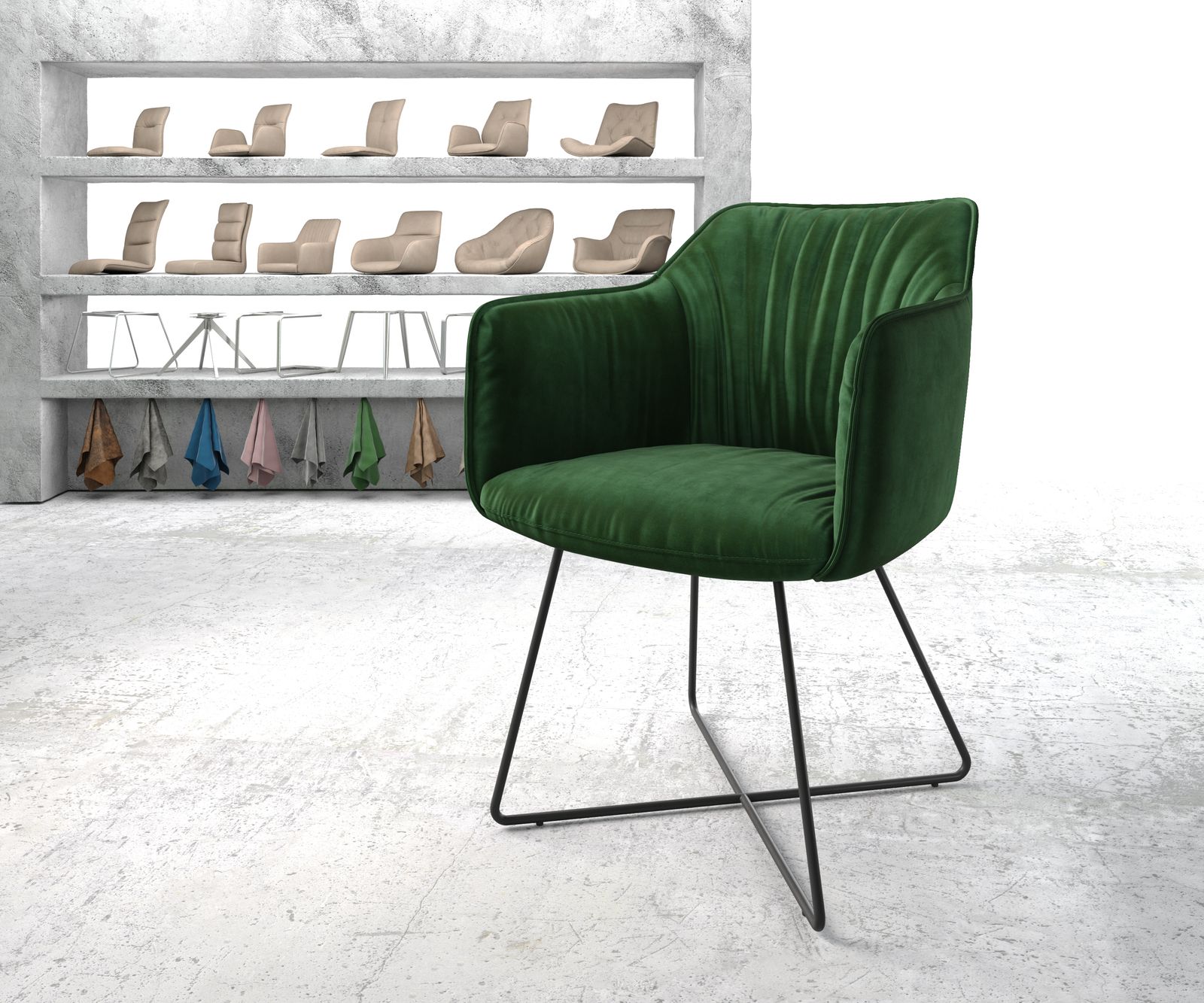 Chaise-de-salle-à-manger Elda-Flex avec accoudoir velours vert cadre en X noir