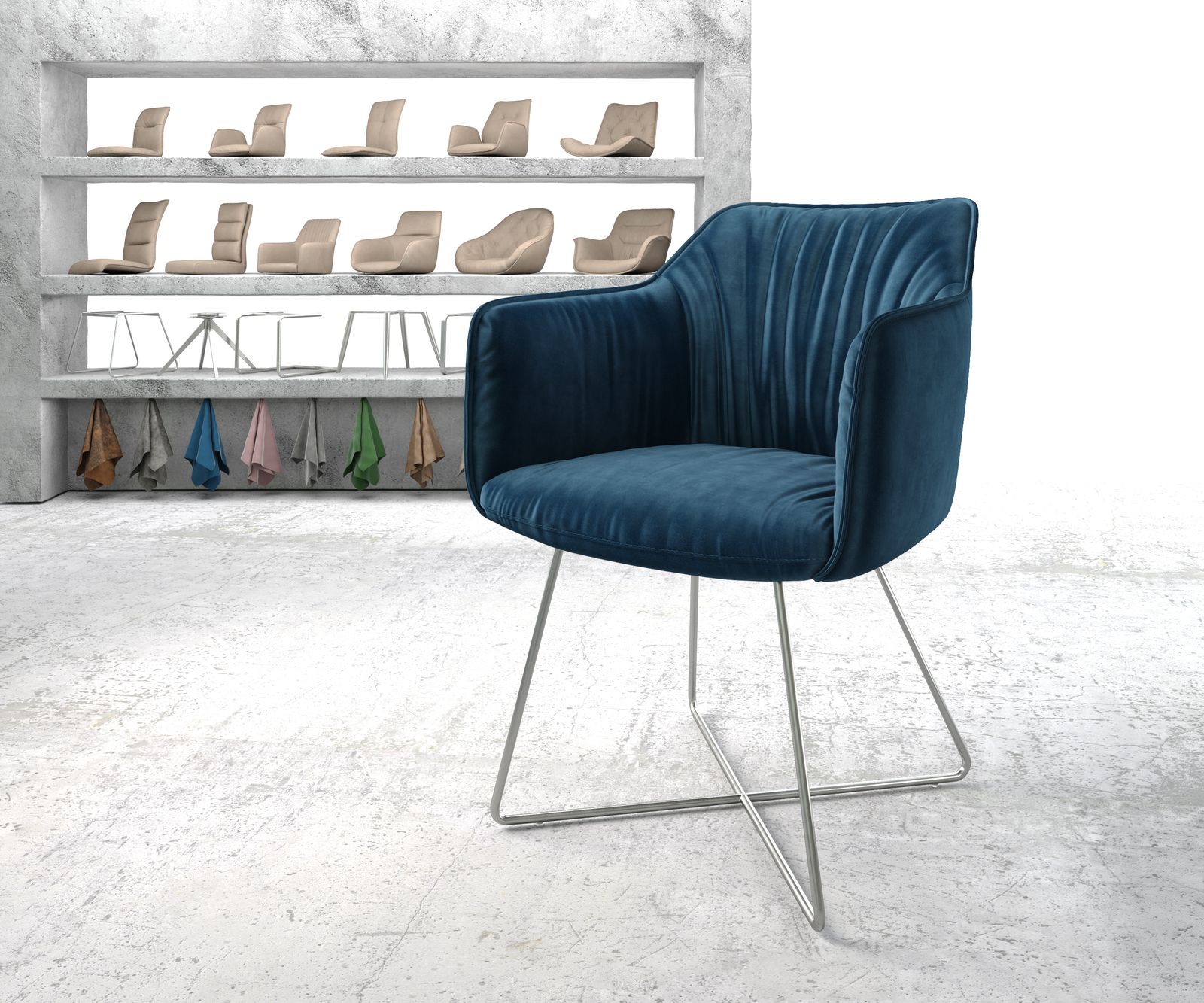 Chaise-de-salle-à-manger Elda-Flex avec accoudoir velours bleu cadre en X acier inoxydable