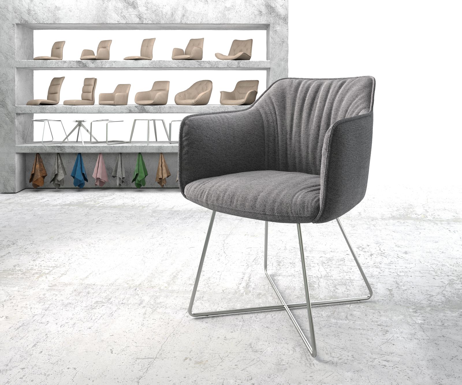 Chaise-de-salle-à-manger Elda-Flex avec accoudoir tissu texturé gris clair cadre en X acier inoxydab
