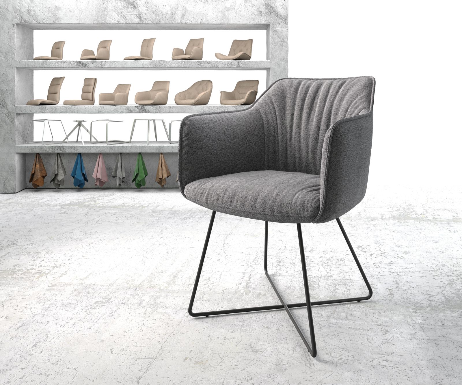 Chaise-de-salle-à-manger Elda-Flex avec accoudoir tissu texturé gris clair cadre en X noir