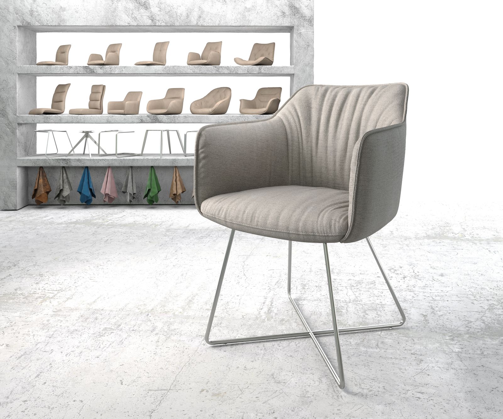 Chaise-de-salle-à-manger Elda-Flex avec accoudoir rayures gris clair cadre en X acier inoxydable