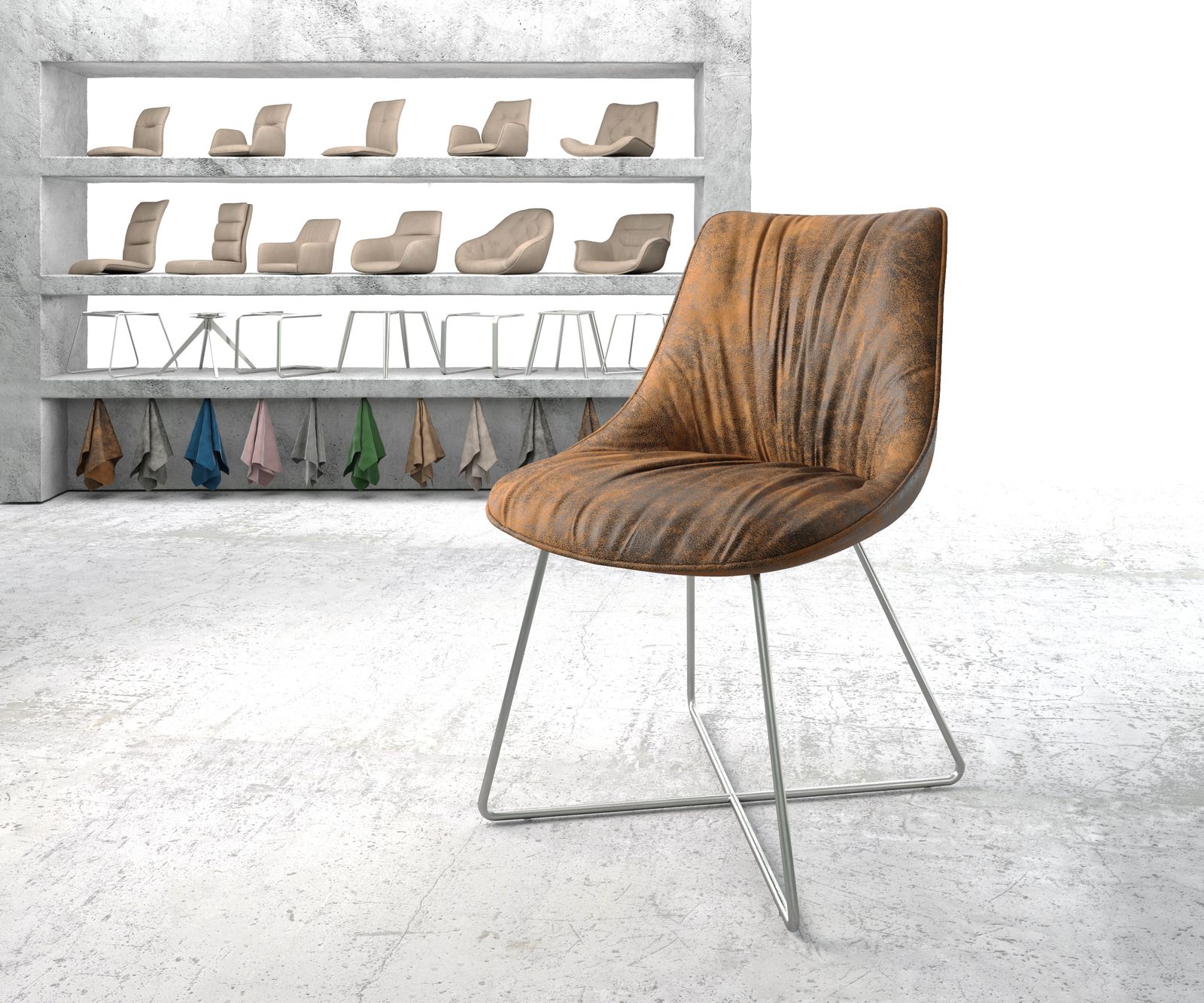 Chaise-de-salle-à-manger Elda-Flex marron vintage cadre en X acier inoxydable