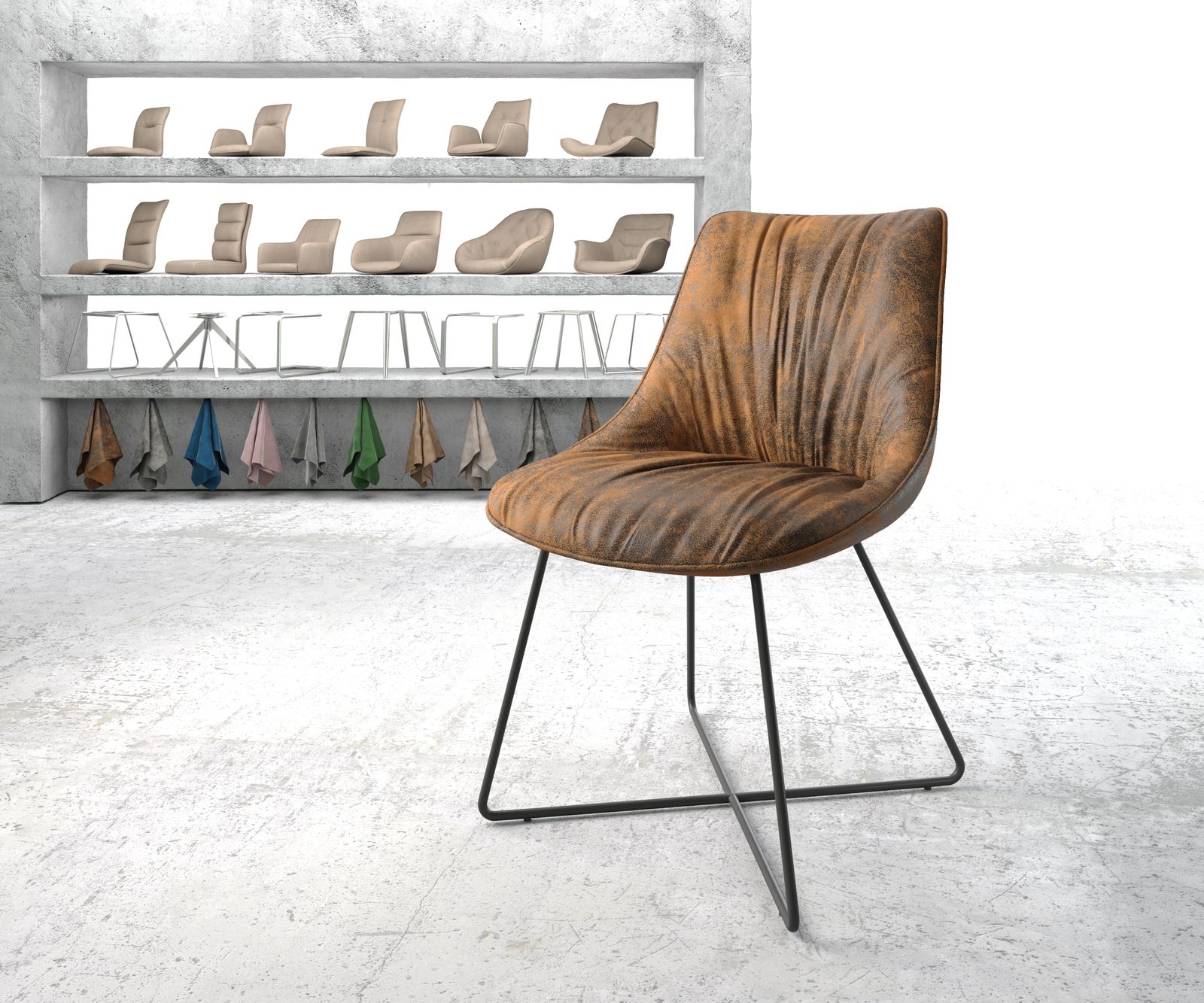 Chaise-de-salle-à-manger Elda-Flex marron vintage cadre en X noir