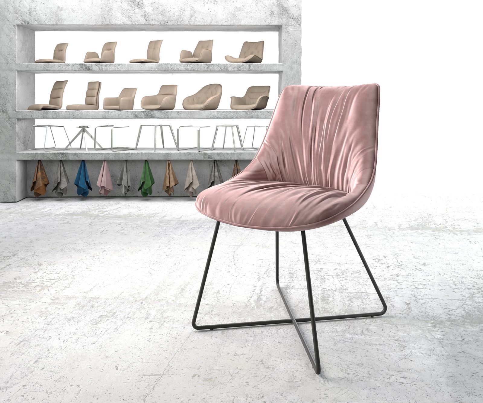 Chaise-de-salle-à-manger Elda-Flex velours rosé cadre en X noir