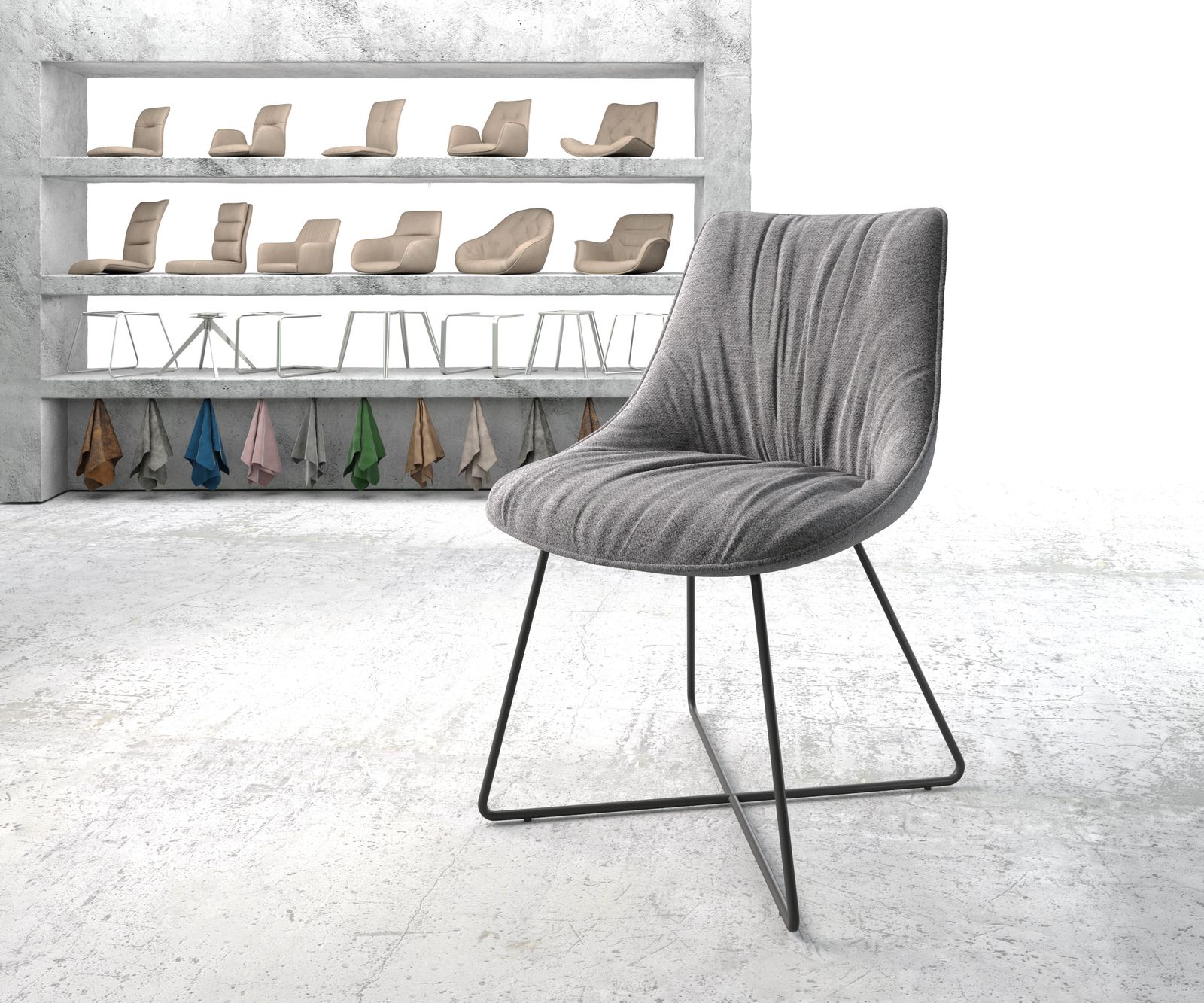 Chaise-de-salle-à-manger Elda-Flex tissu texturé gris clair cadre en X noir