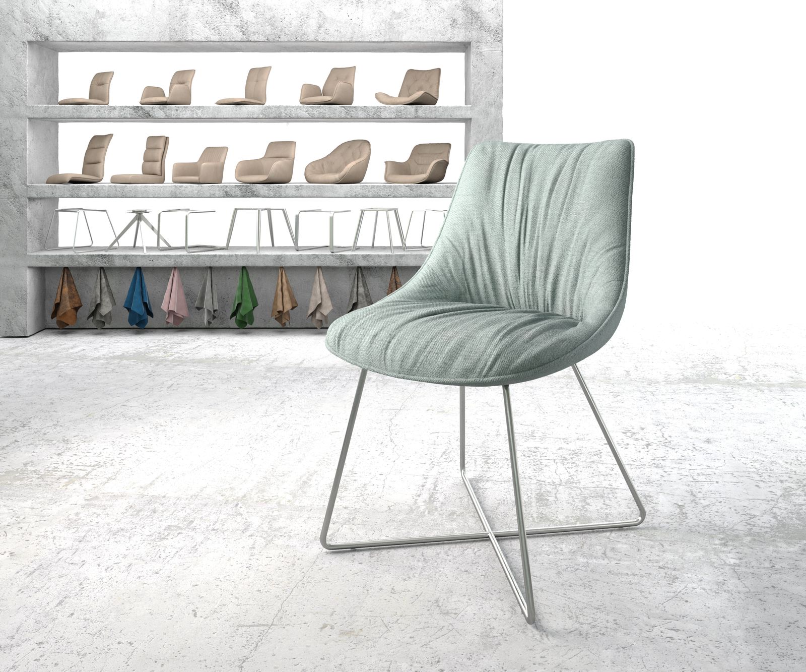 Chaise-de-salle-à-manger Elda-Flex rayures menthe cadre en X acier inoxydable