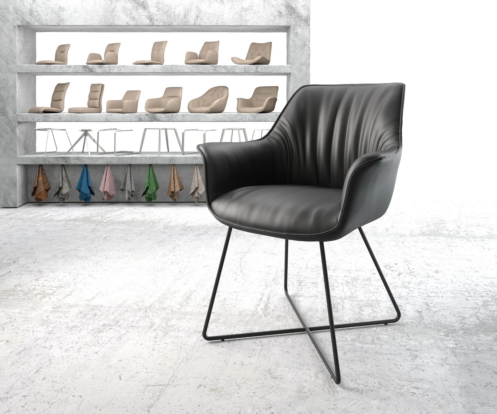 Chaise-de-salle-à-manger Keila-Flex avec accoudoir cuir véritable noir cadre en X noir