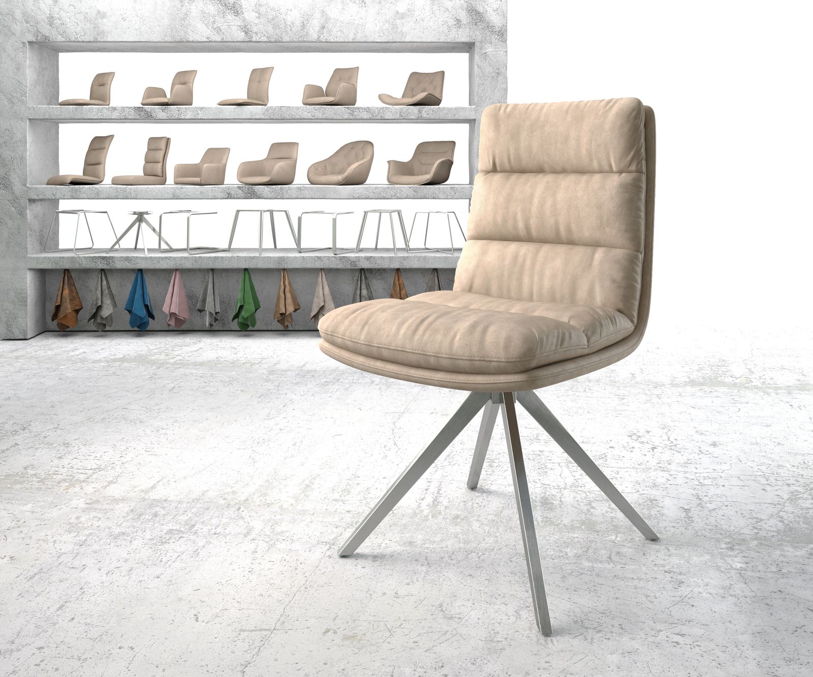 Chaise-pivotante Abelia-Flex beige vintage cadre croisé carré acier inoxydable