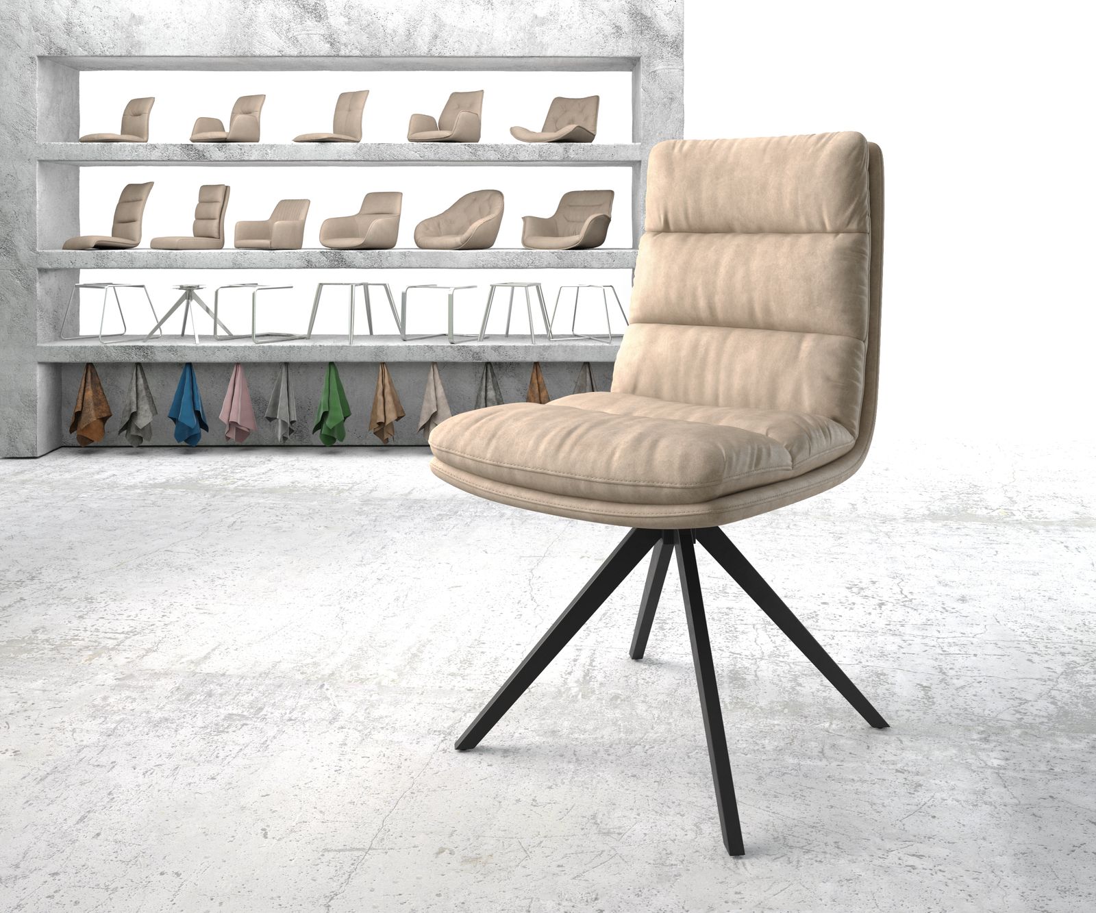 Chaise-pivotante Abelia-Flex beige vintage cadre croisé carré noir