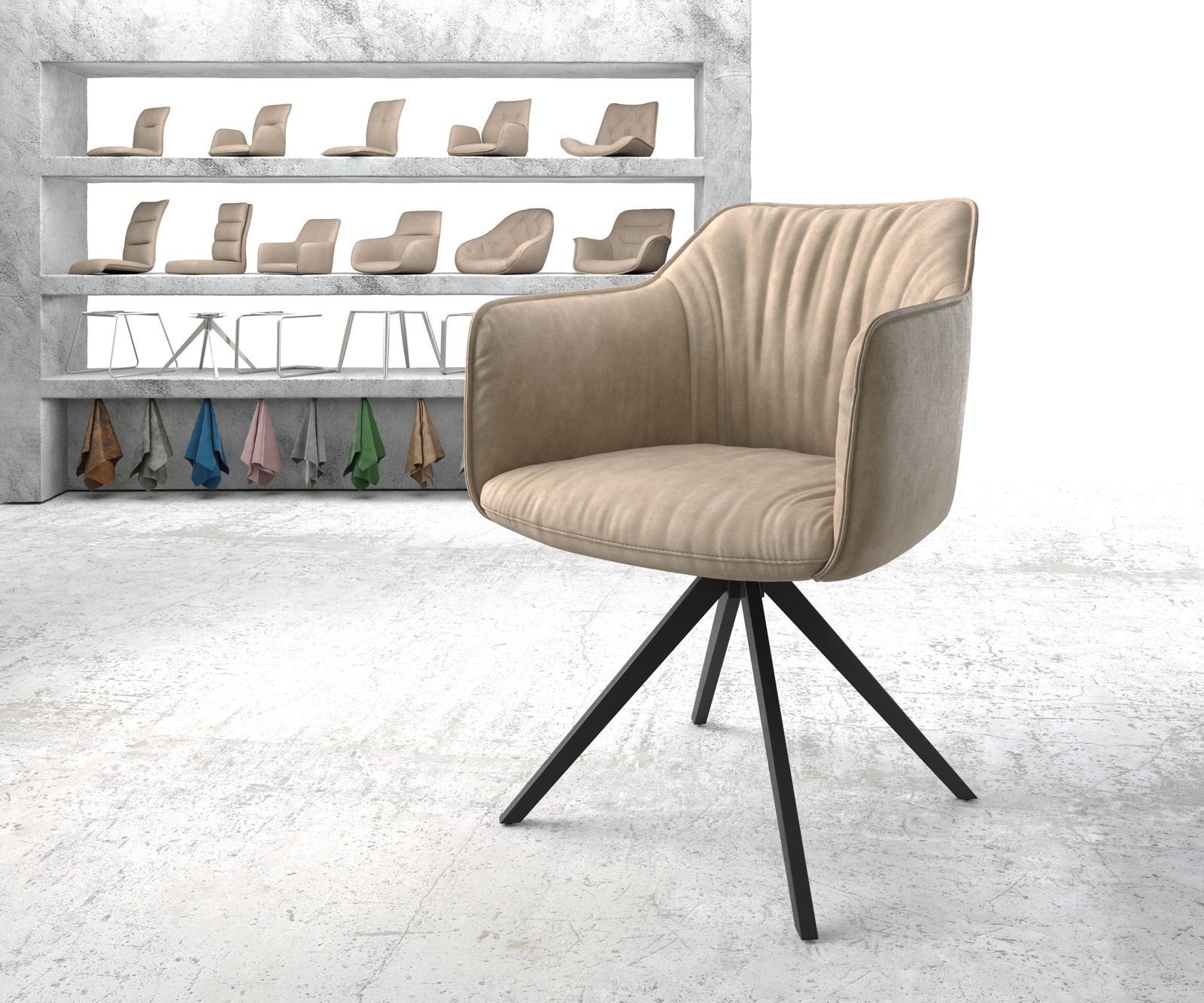 Chaise-pivotante Elda-Flex avec accoudoir beige vintage cadre croisé carré noir