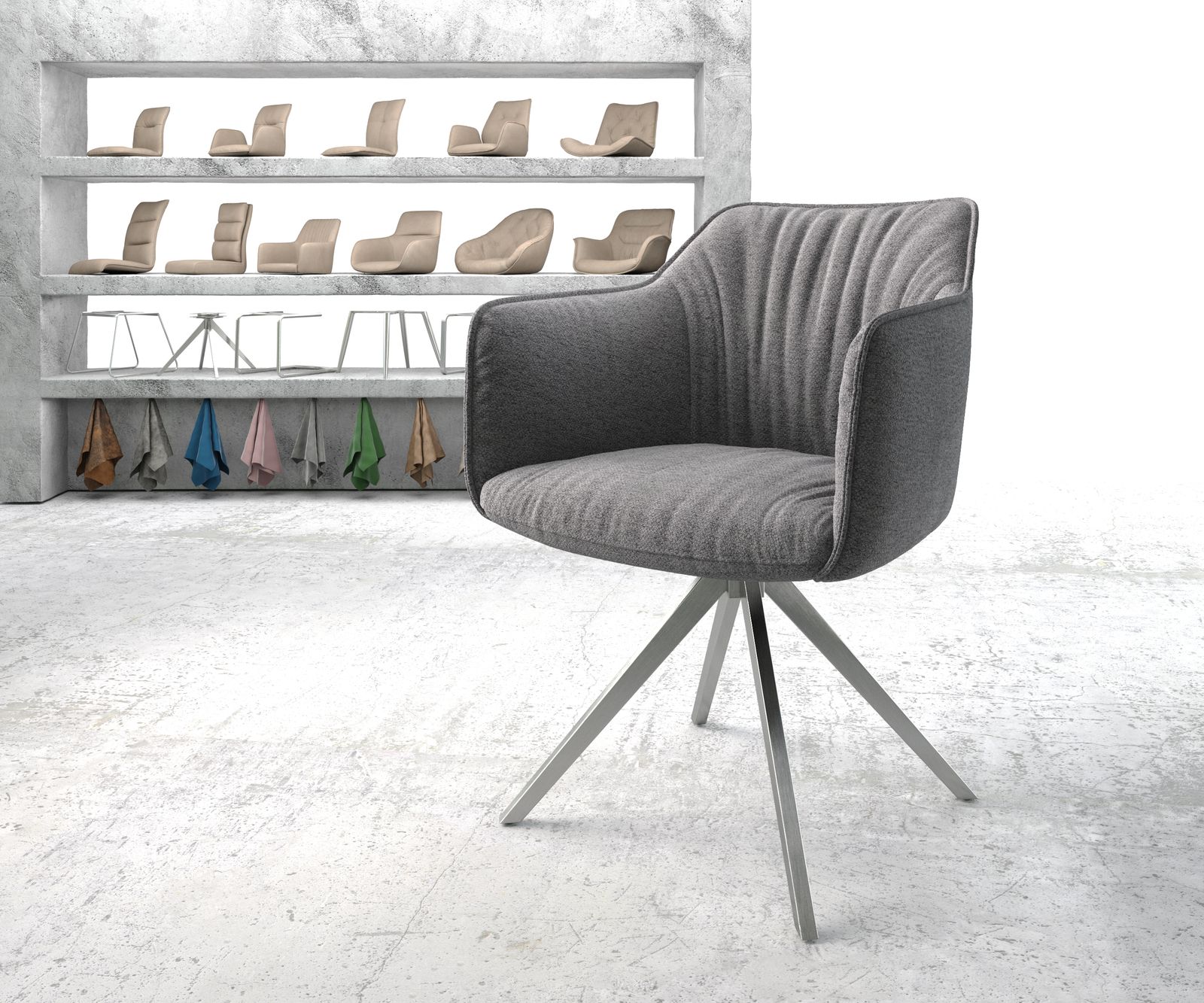 Chaise-pivotante Elda-Flex avec accoudoir tissu texturé gris clair cadre croisé carré acier inoxydab