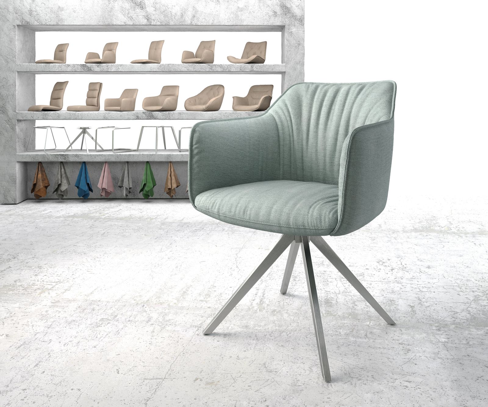 Chaise-pivotante Elda-Flex avec accoudoir rayures menthe cadre croisé carré acier inoxydable