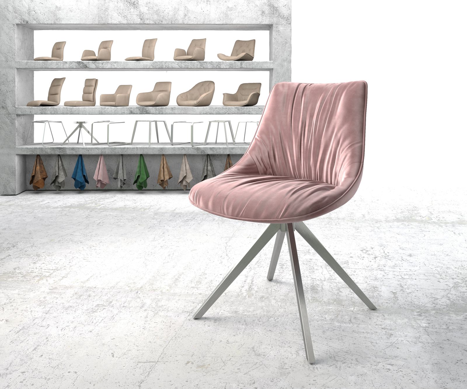 Chaise-pivotante Elda-Flex velours rosé cadre croisé carré acier inoxydable