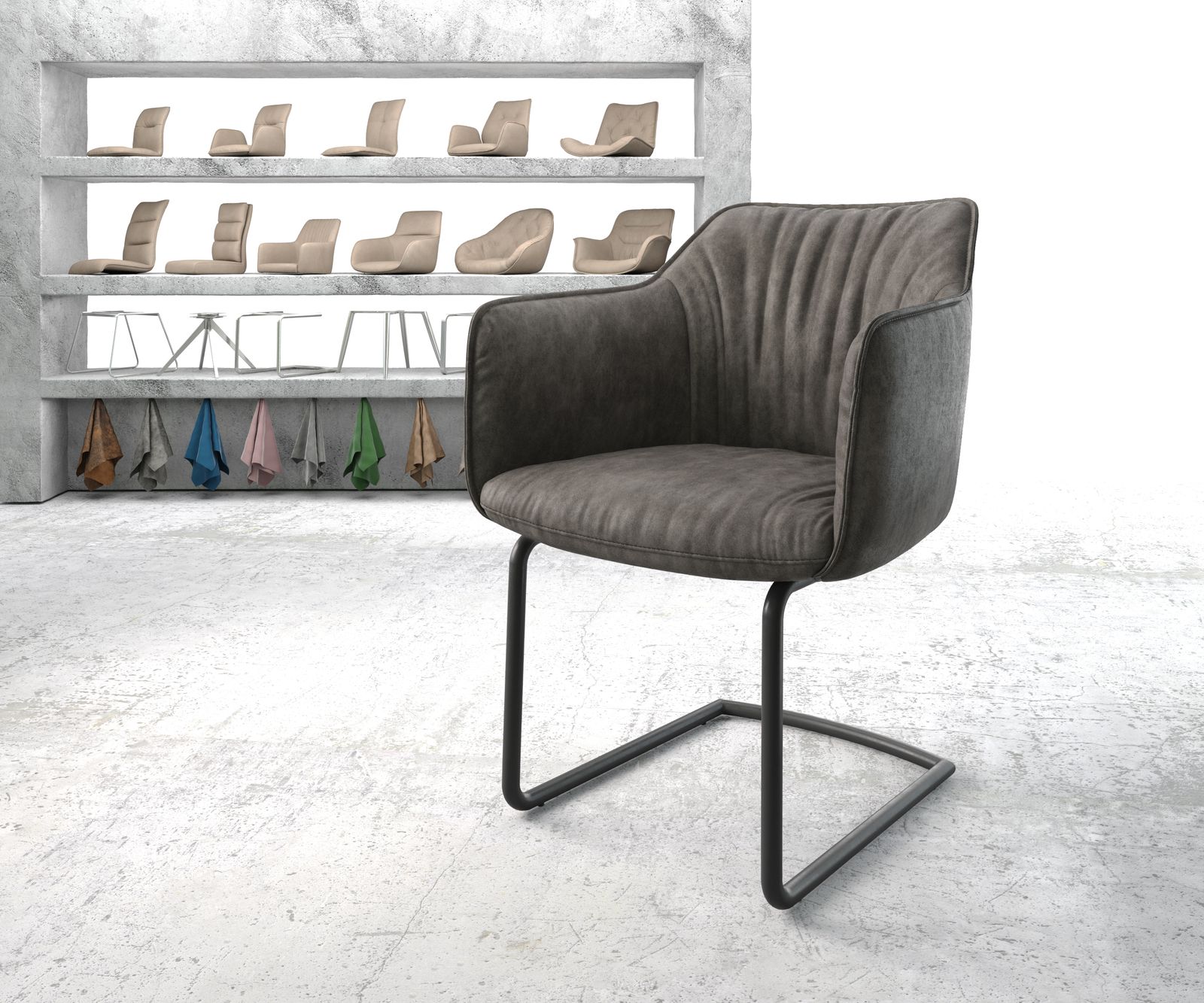 Chaise-de-salle-à-manger Elda-Flex avec accoudoir anthracite vintage cantilever rond noir