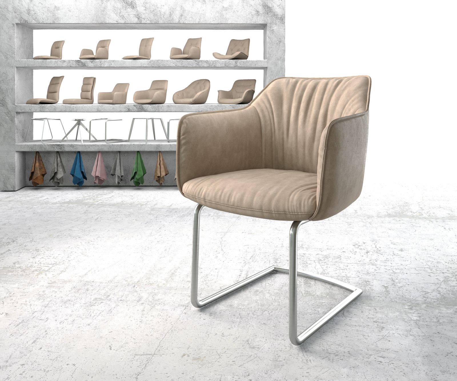 Chaise-de-salle-à-manger Elda-Flex avec accoudoir beige vintage cantilever rond acier inoxydable