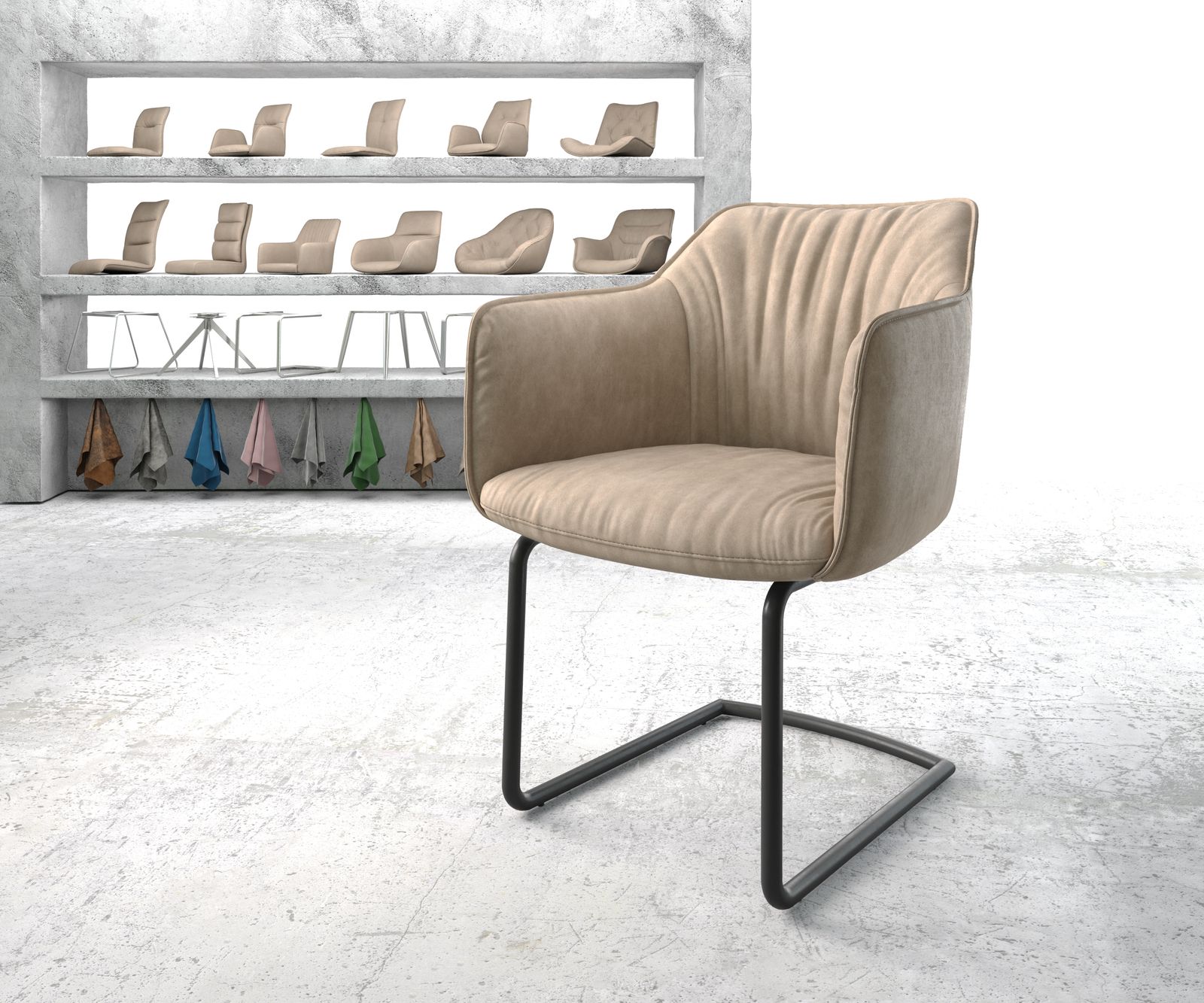 Chaise-de-salle-à-manger Elda-Flex avec accoudoir beige vintage cantilever rond noir