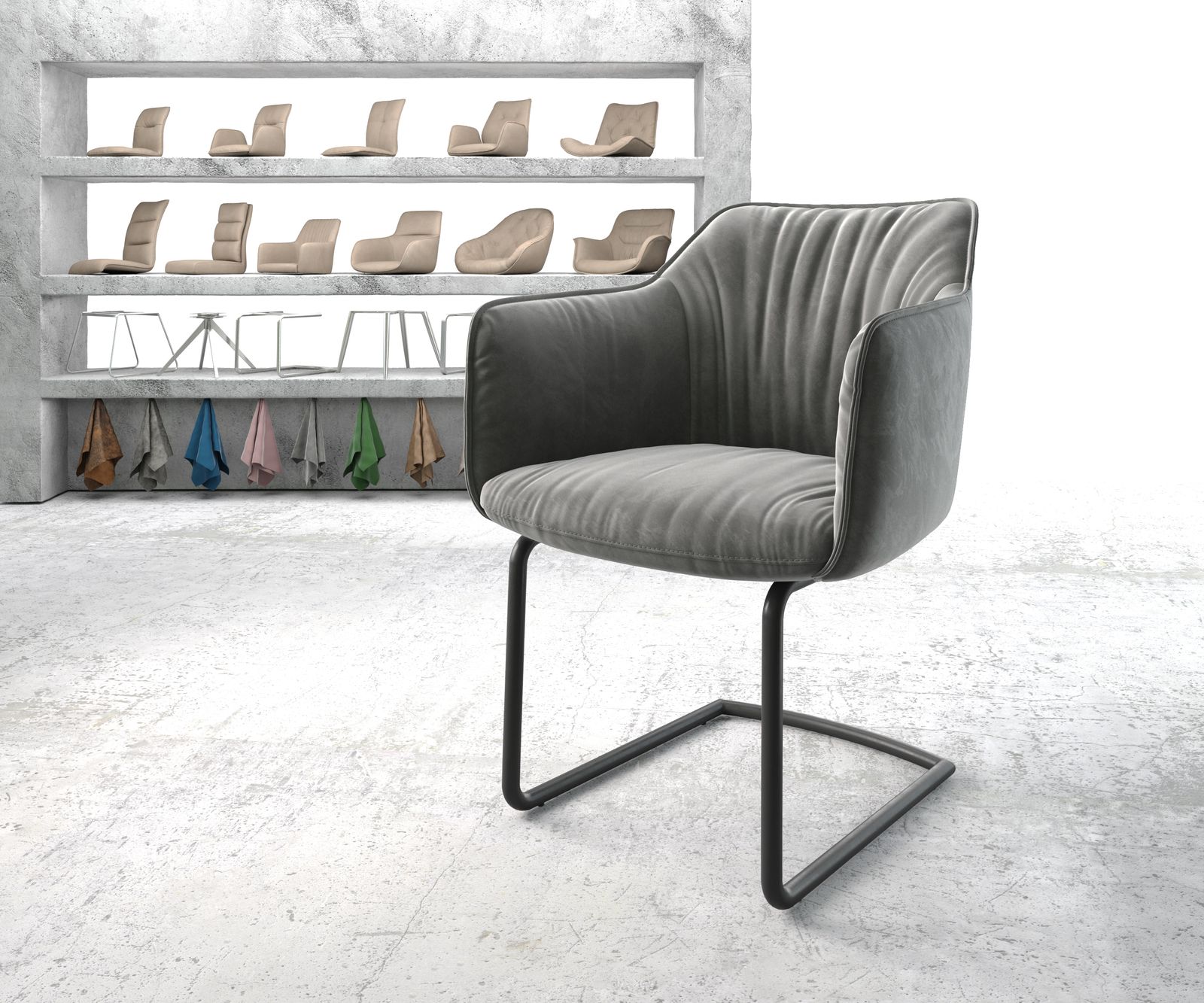 Chaise-de-salle-à-manger Elda-Flex avec accoudoir velours gris cantilever rond noir