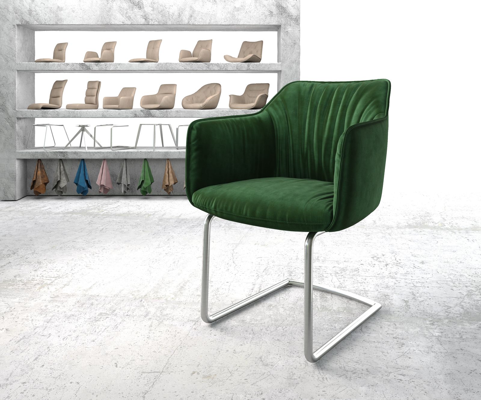 Chaise-de-salle-à-manger Elda-Flex avec accoudoir velours vert cantilever rond acier inoxydable