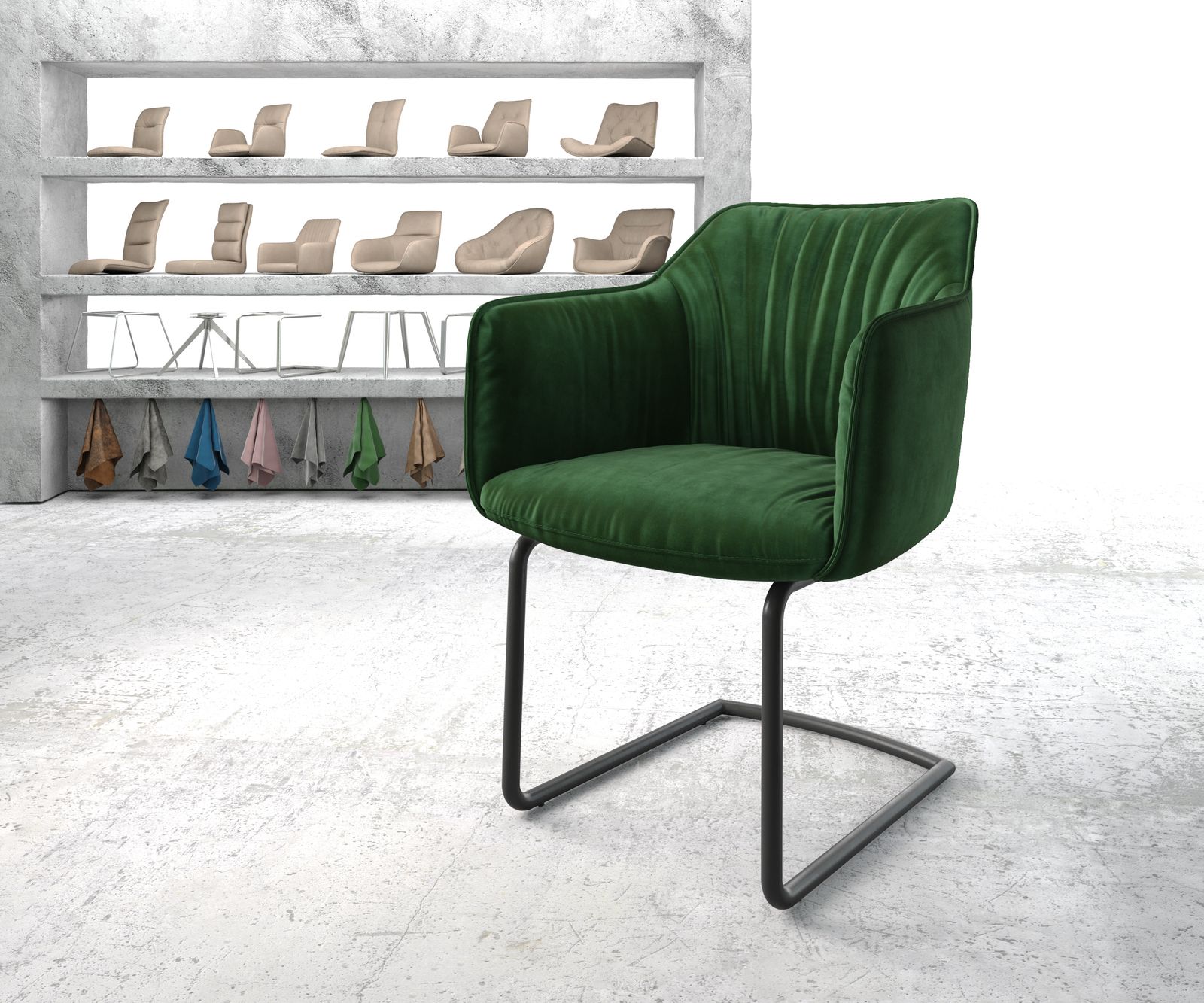 Chaise-de-salle-à-manger Elda-Flex avec accoudoir velours vert cantilever rond noir