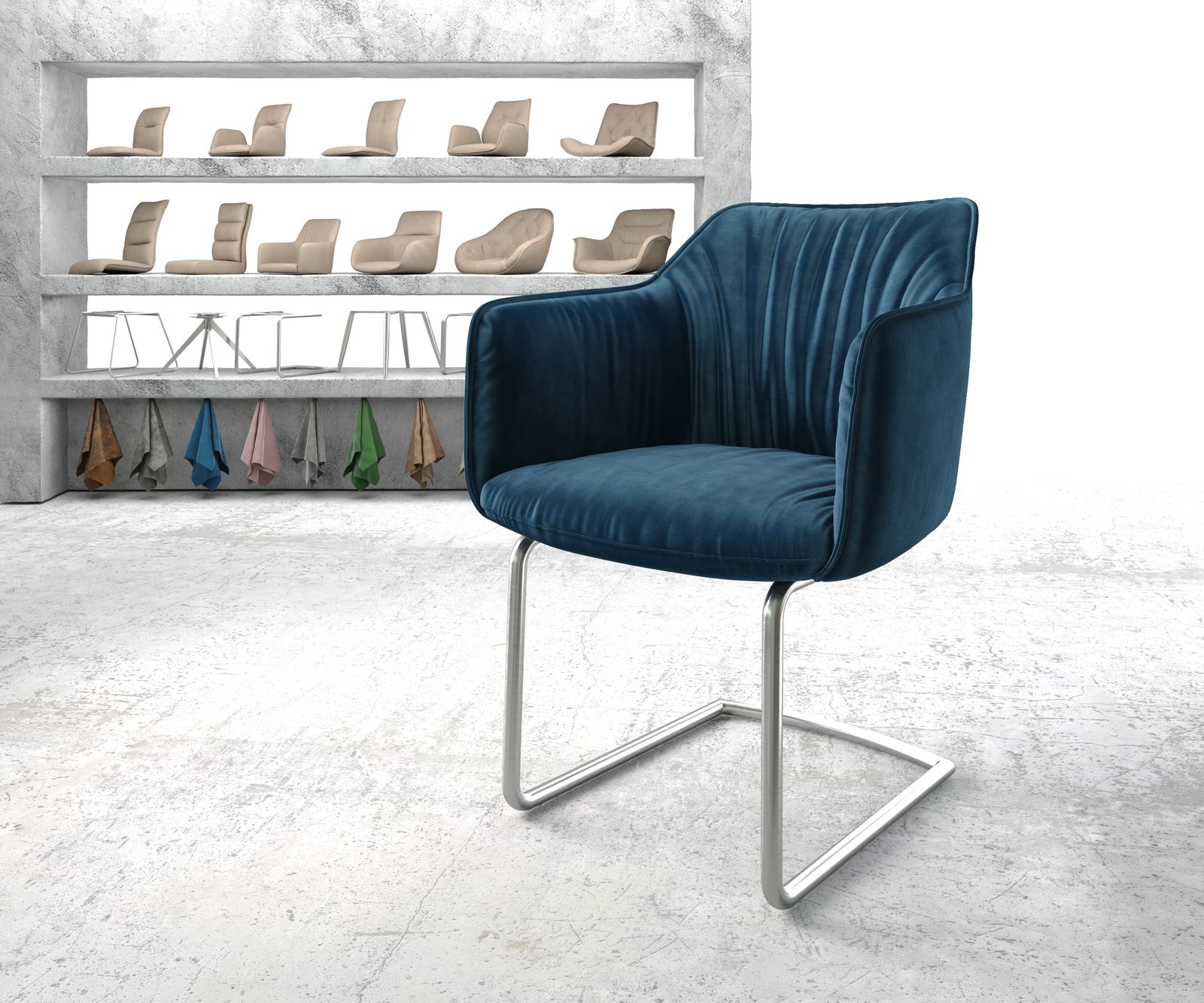 Chaise-de-salle-à-manger Elda-Flex avec accoudoir velours bleu cantilever rond acier inoxydable