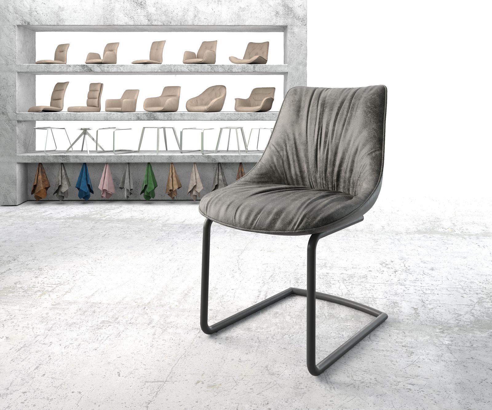 Chaise-de-salle-à-manger Elda-Flex gris vintage cantilever rond noir