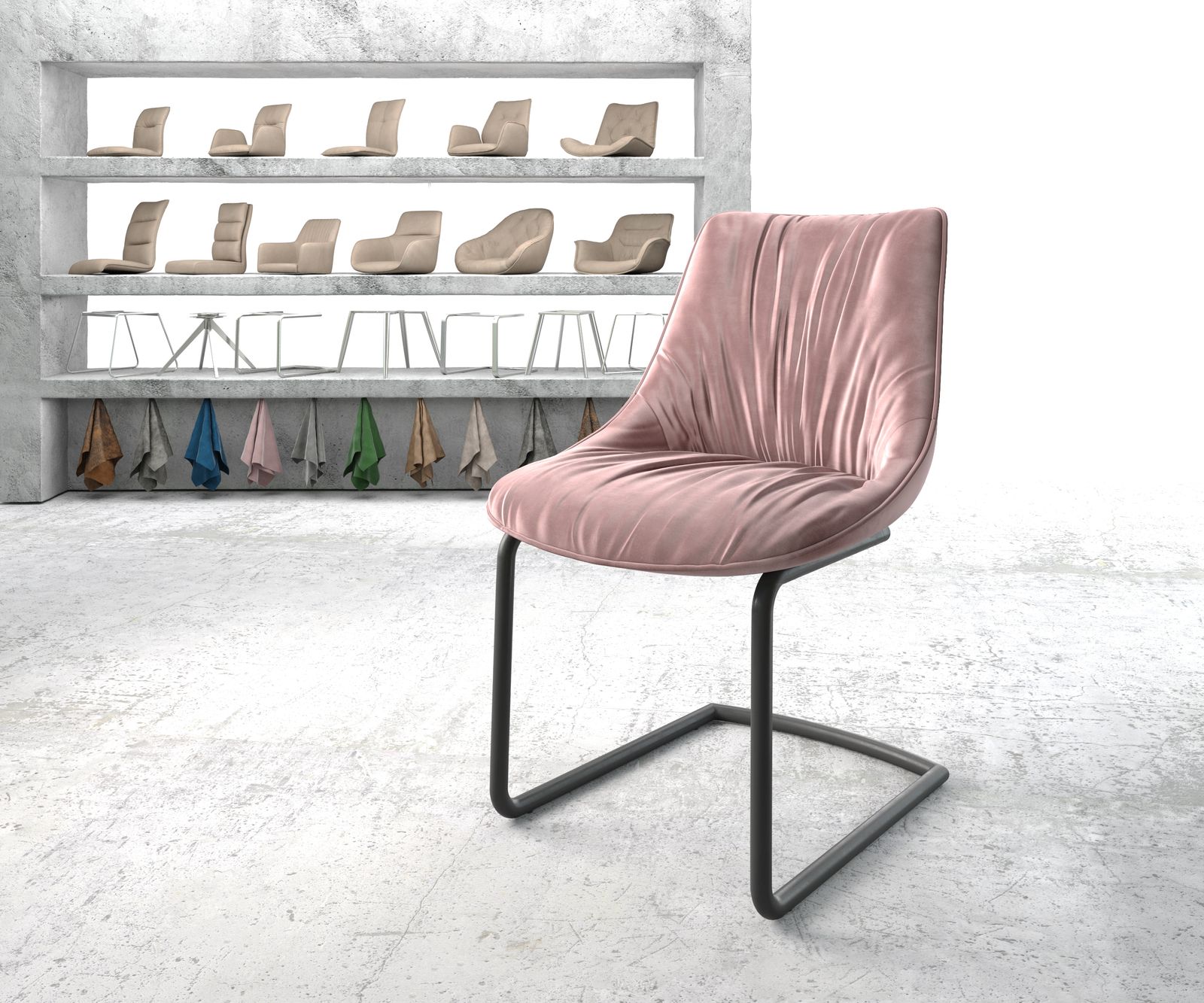 Chaise-de-salle-à-manger Elda-Flex velours rosé cantilever rond noir