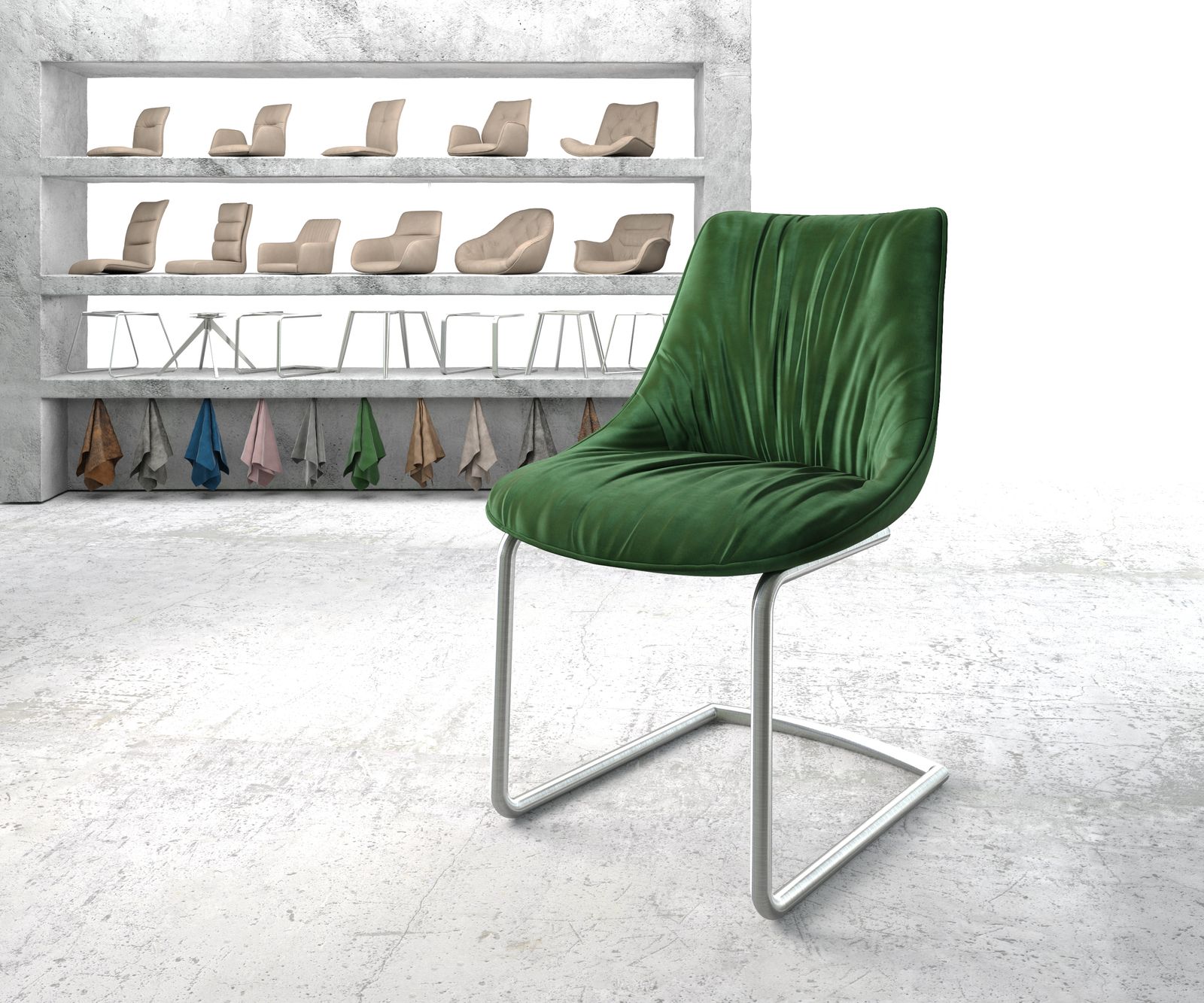 Chaise-de-salle-à-manger Elda-Flex velours vert cantilever rond acier inoxydable