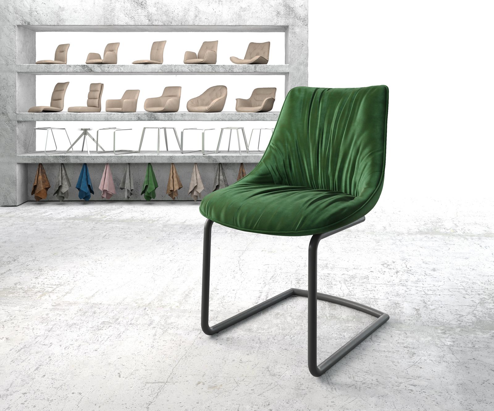 Chaise-de-salle-à-manger Elda-Flex velours vert cantilever rond noir