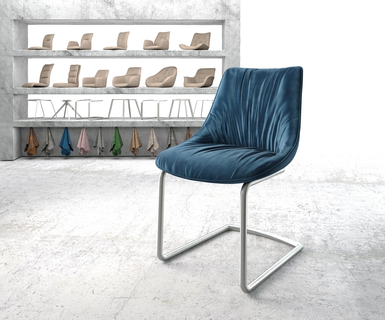 Chaise-de-salle-à-manger Elda-Flex velours bleu cantilever rond acier inoxydable