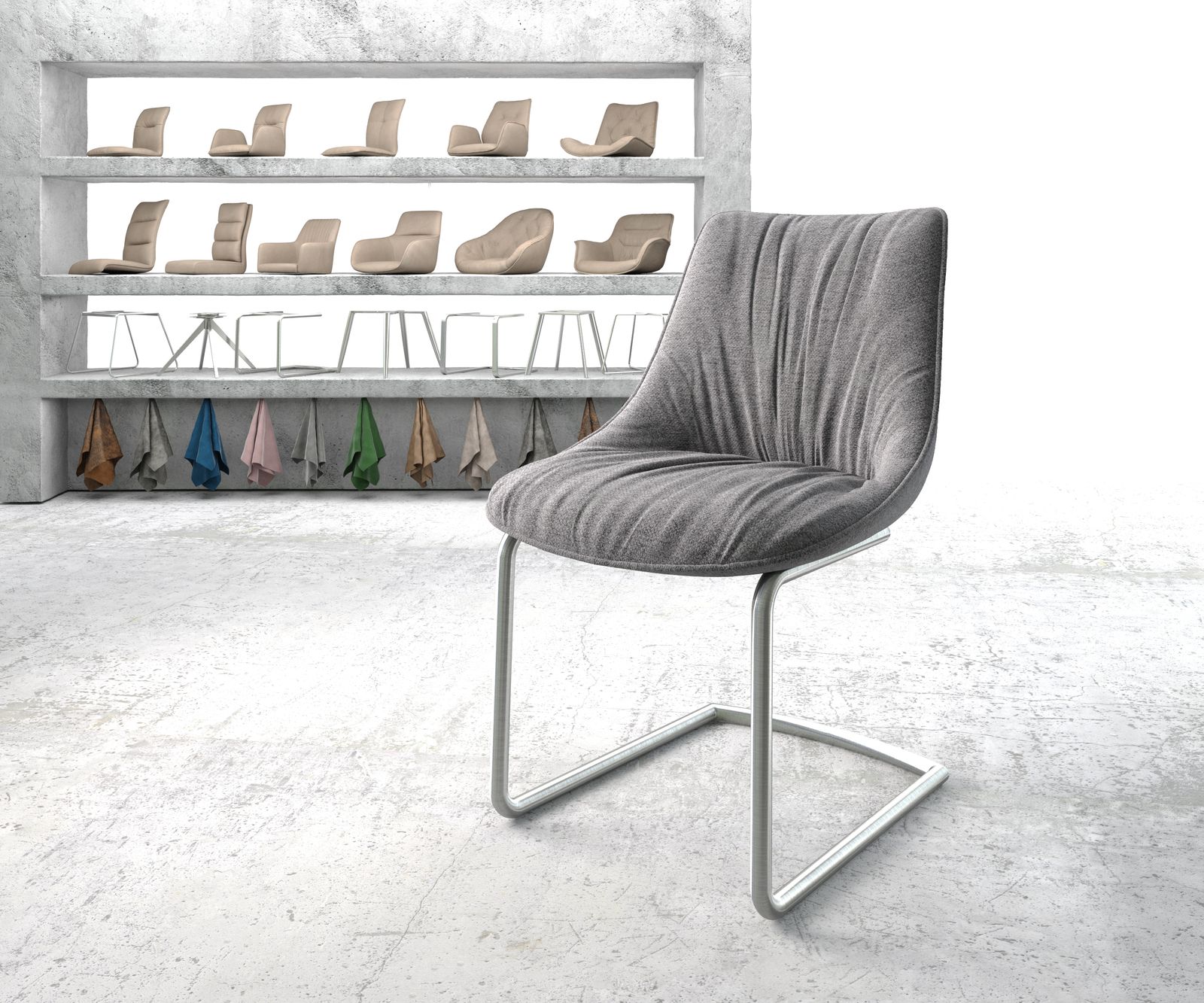 Chaise-de-salle-à-manger Elda-Flex tissu texturé gris clair cantilever rond acier inoxydable
