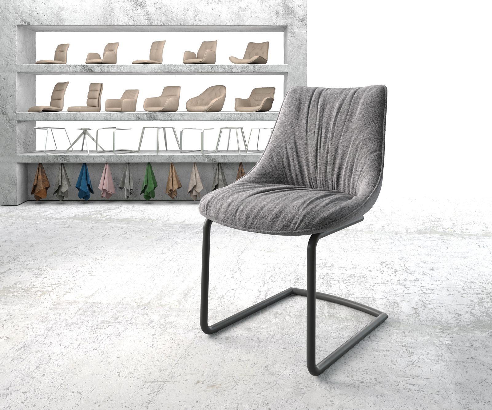 Chaise-de-salle-à-manger Elda-Flex tissu texturé gris clair cantilever rond noir