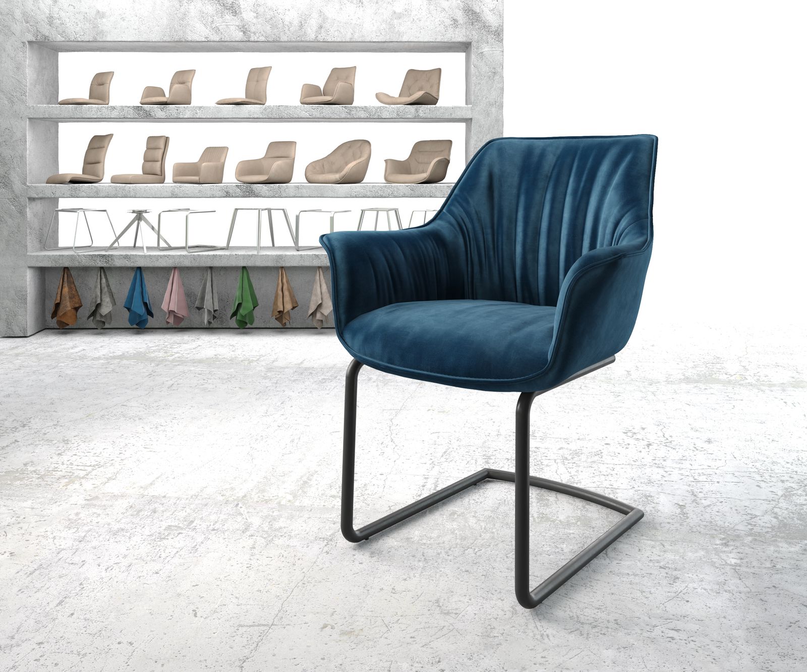 Chaise-de-salle-à-manger Keila-Flex avec accoudoir velours bleu cantilever rond noir