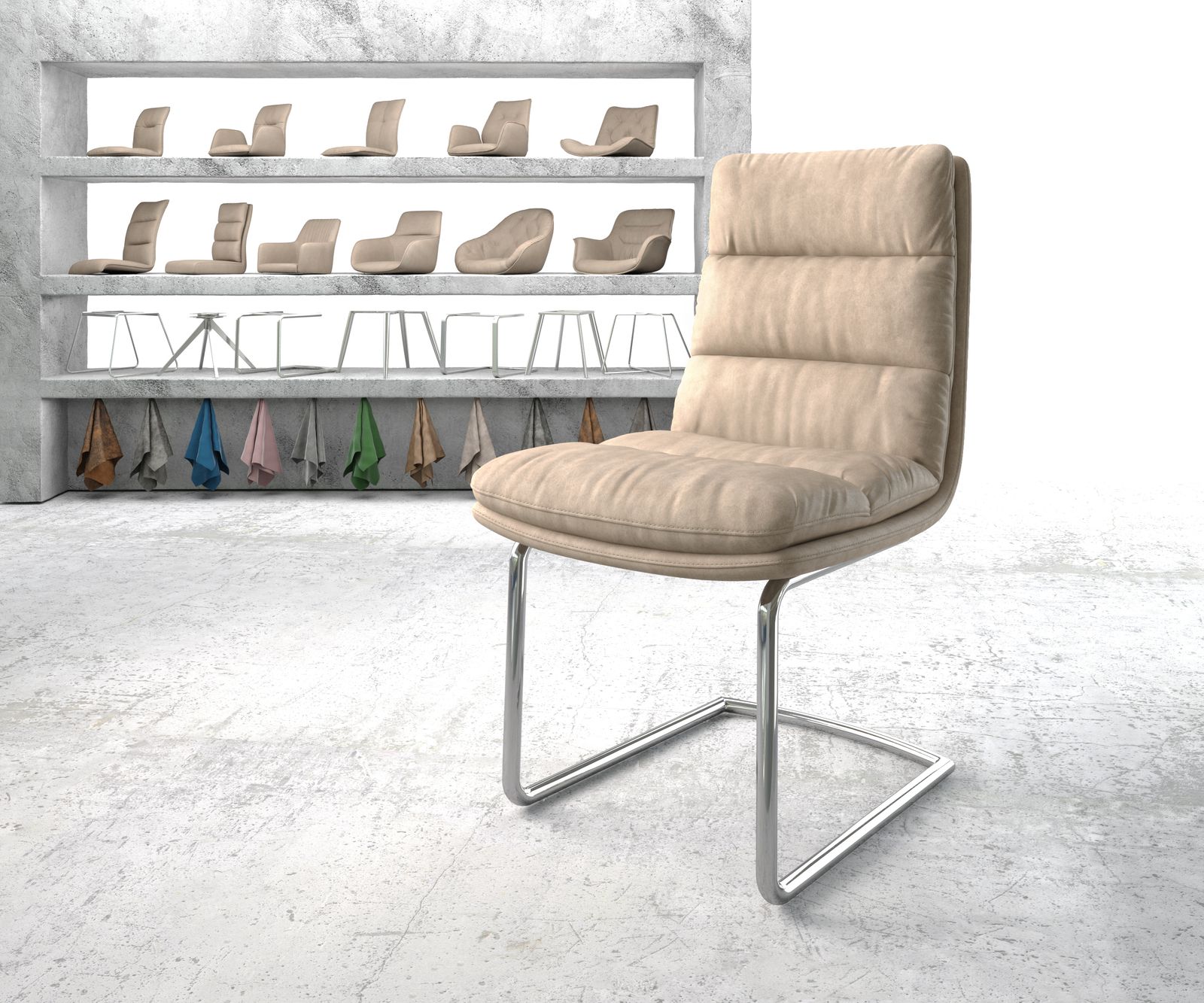 Chaise-de-salle-à-manger Abelia-Flex beige vintage cantilever rond chromé