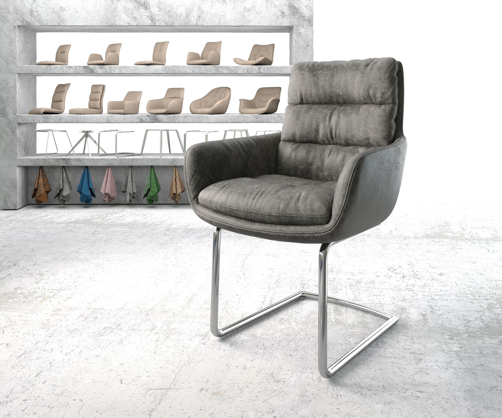 Chaise-de-salle-à-manger Abelia-Flex avec accoudoir gris vintage cantilever rond chromé