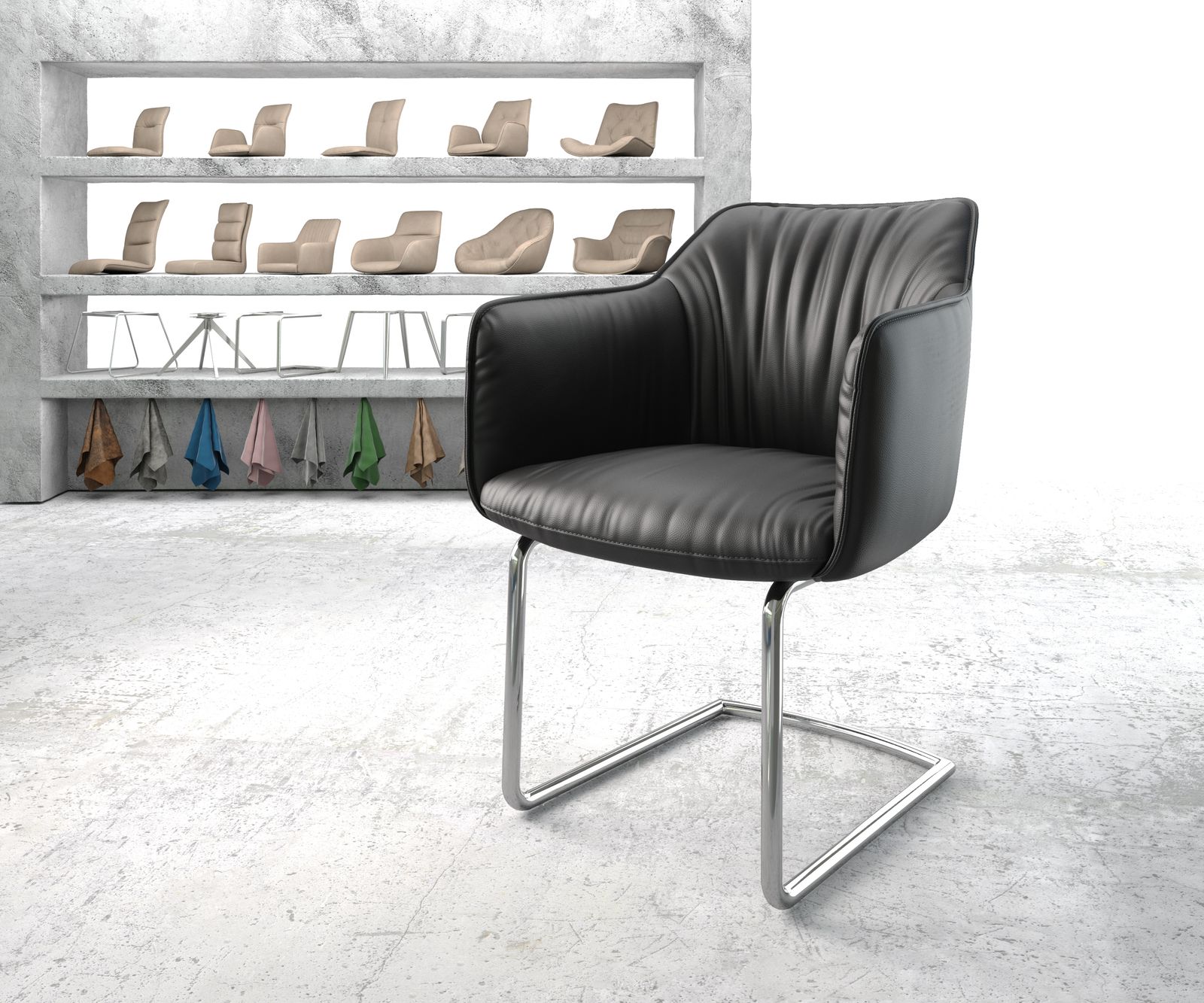 Chaise-de-salle-à-manger Elda-Flex avec accoudoir cuir véritable noir cantilever rond chromé