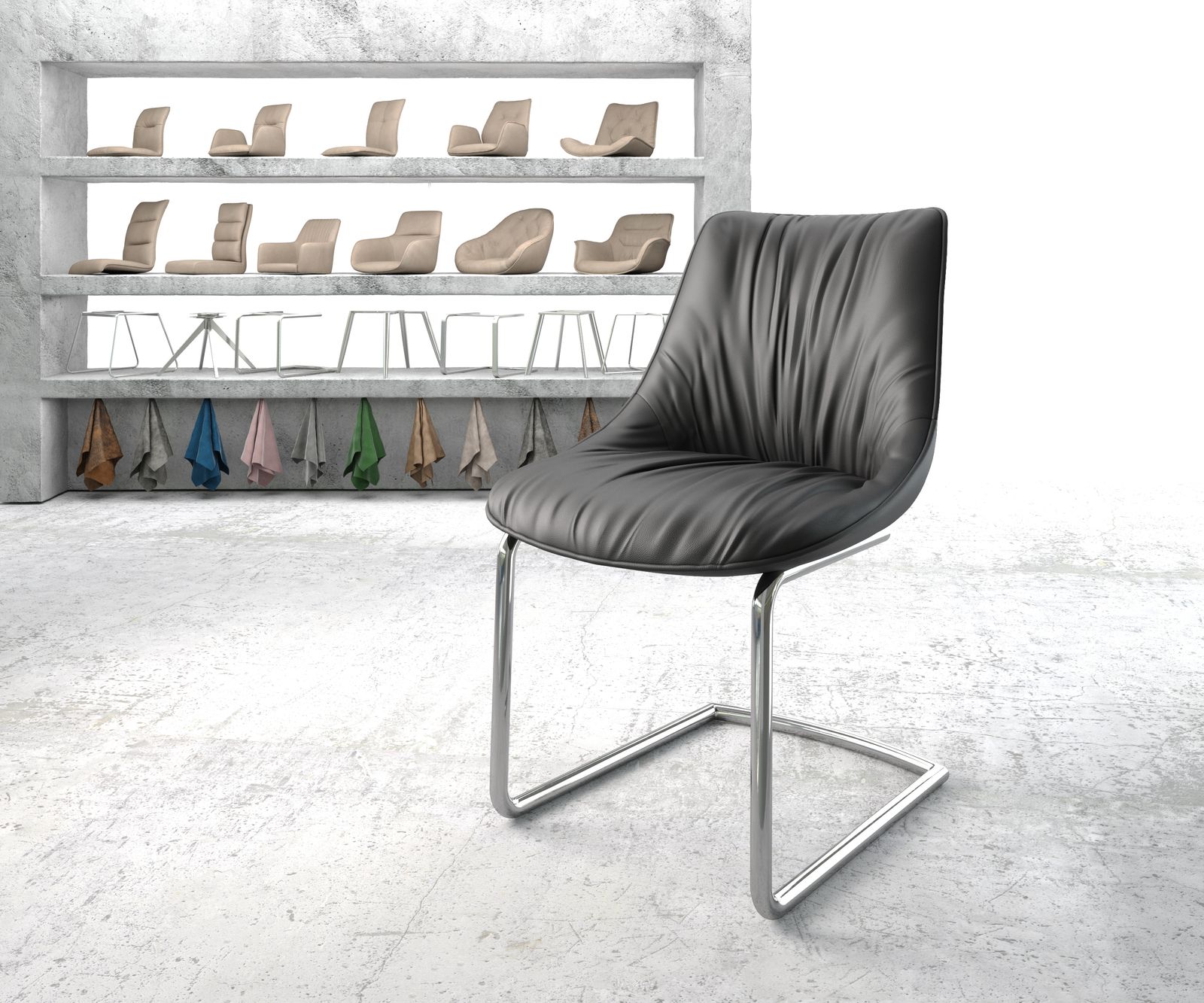 Chaise-de-salle-à-manger Elda-Flex cuir véritable noir cantilever rond chromé