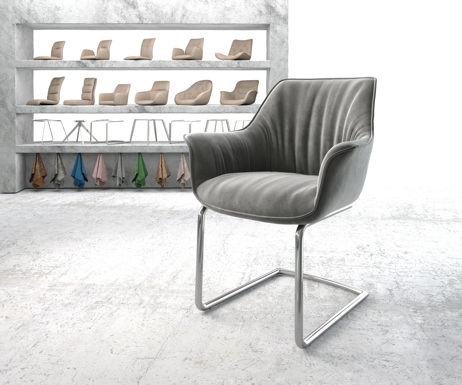 Chaise-de-salle-à-manger Keila-Flex avec accoudoir velours gris cantilever rond chromé