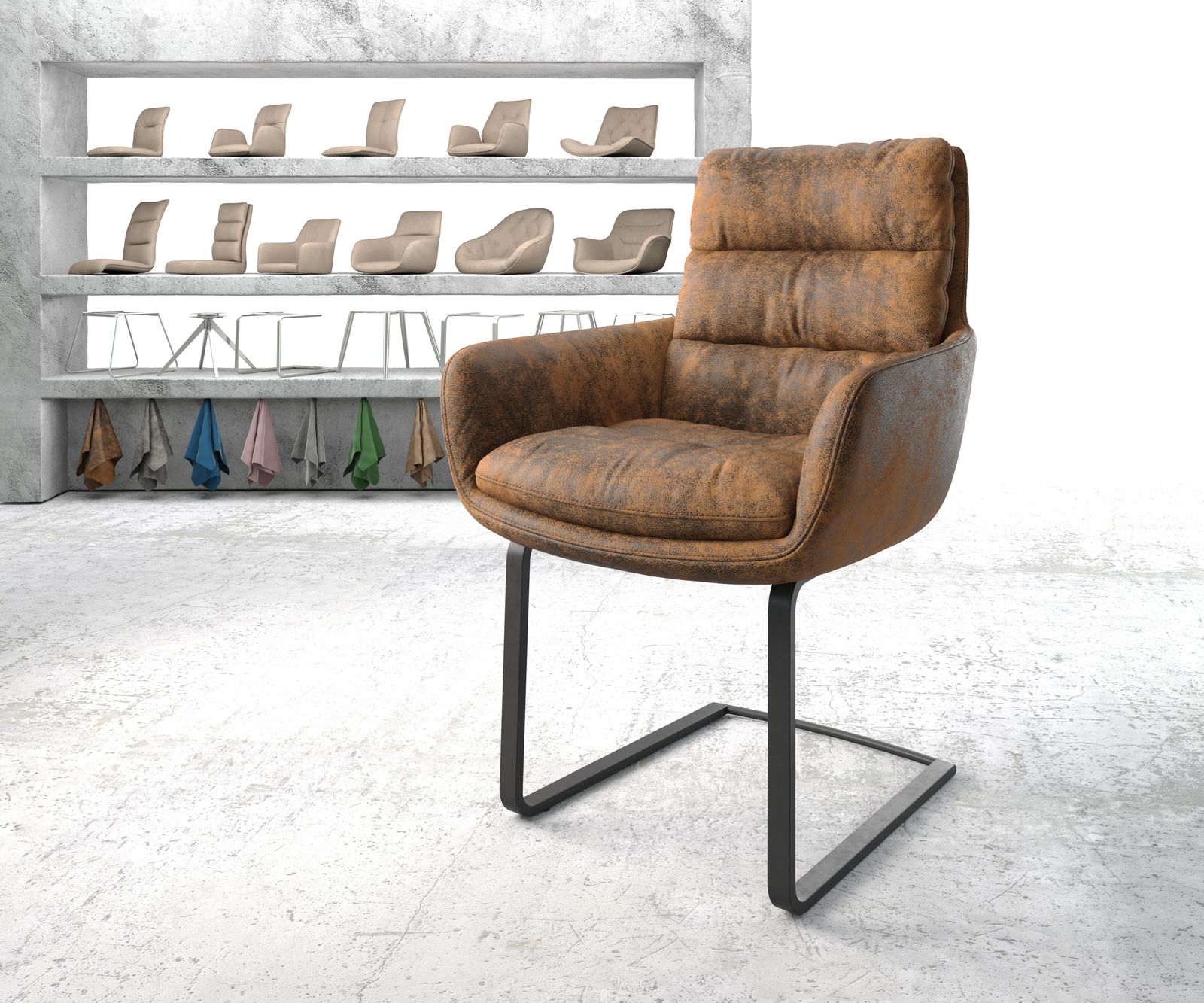 Chaise-de-salle-à-manger Abelia-Flex avec accoudoir marron vintage cantilever plat noir