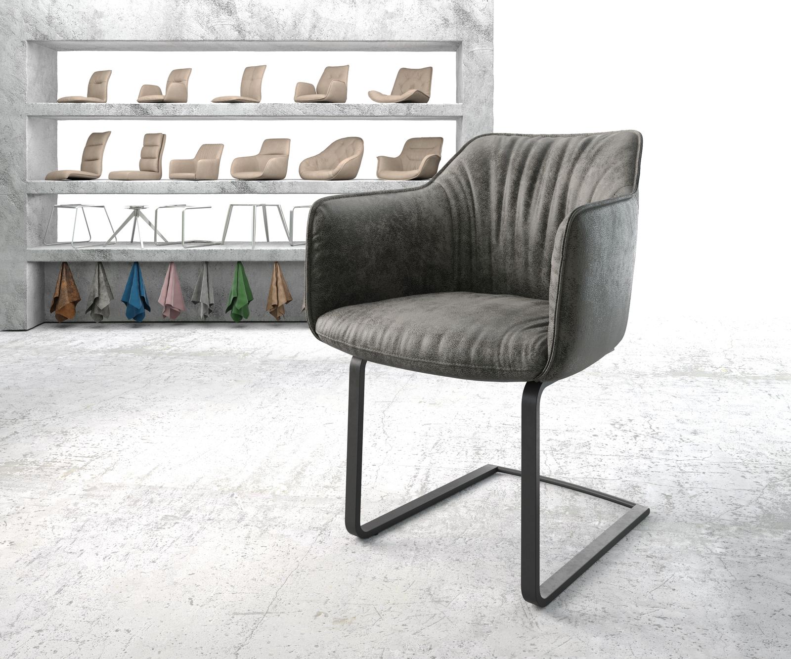 Chaise-de-salle-à-manger Elda-Flex avec accoudoir gris vintage cantilever plat noir