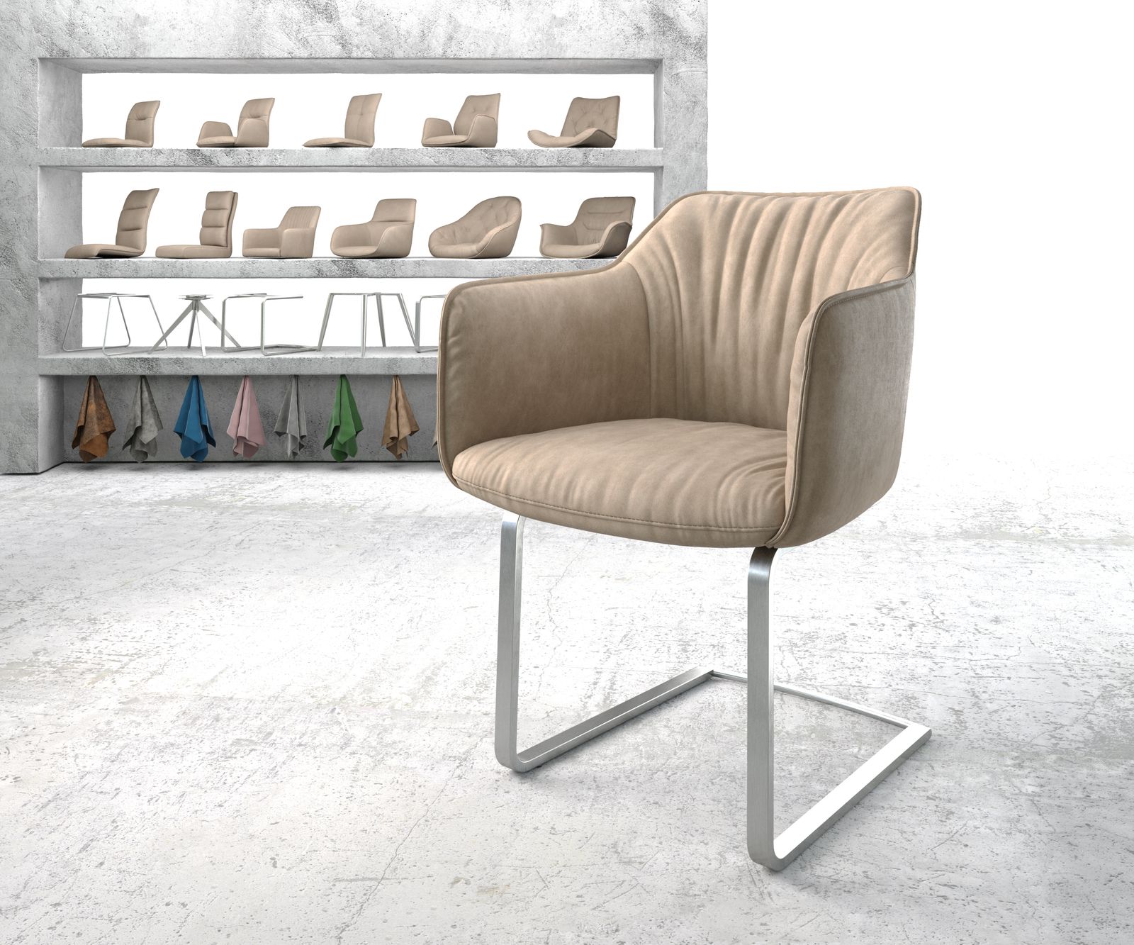 Chaise-de-salle-à-manger Elda-Flex avec accoudoir beige vintage cantilever plat acier inoxydable