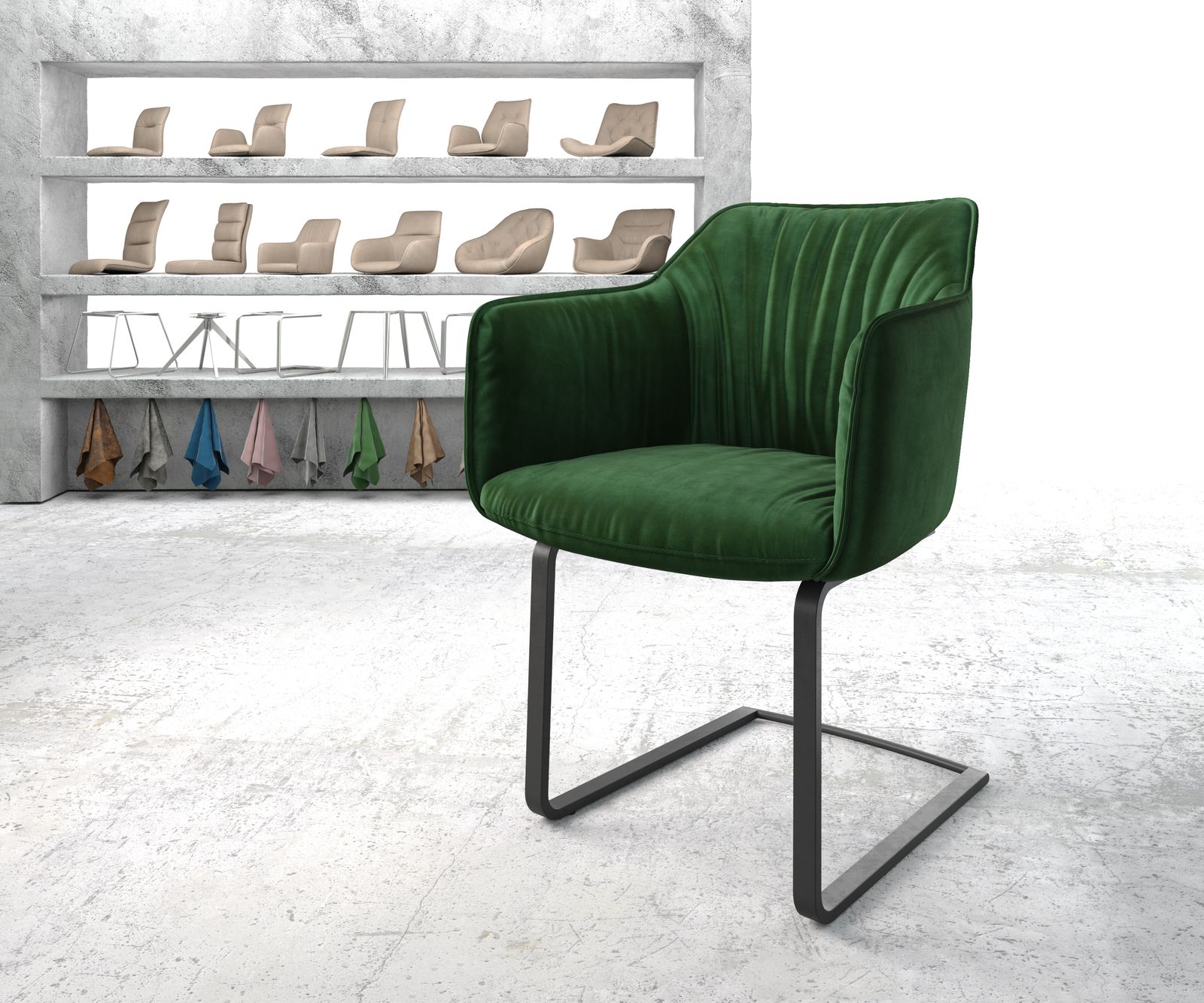 Chaise-de-salle-à-manger Elda-Flex avec accoudoir velours vert cantilever plat noir