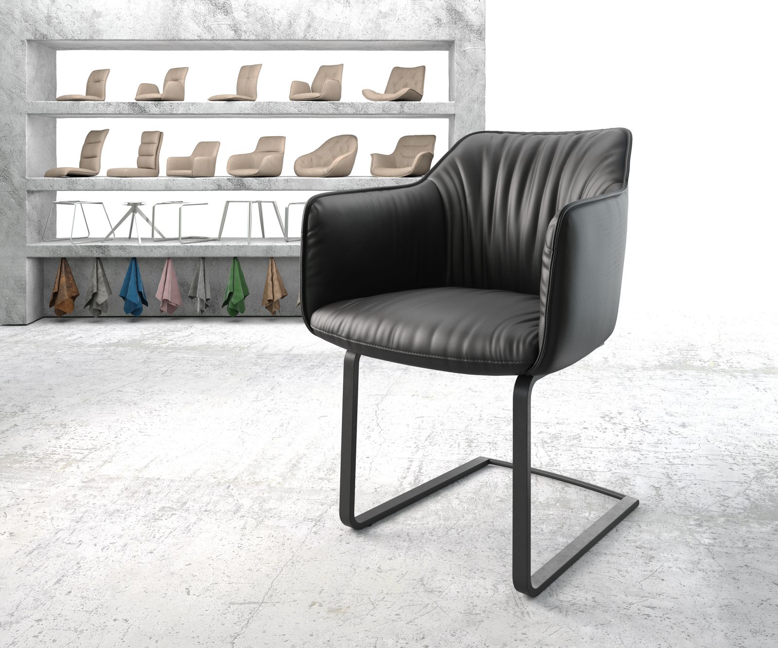 Chaise-de-salle-à-manger Elda-Flex avec accoudoir cuir véritable noir cantilever plat noir