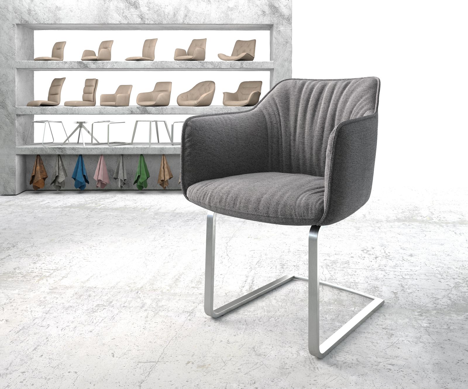 Chaise-de-salle-à-manger Elda-Flex avec accoudoir tissu texturé gris clair cantilever plat acier ino