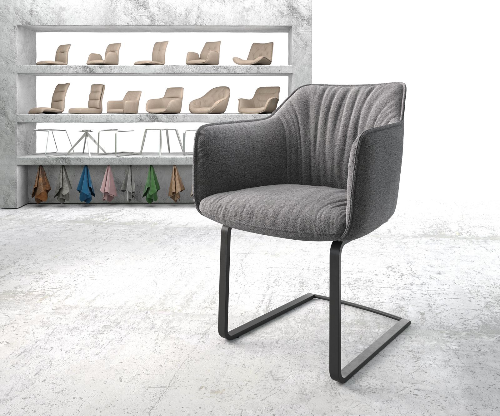 Chaise-de-salle-à-manger Elda-Flex avec accoudoir tissu texturé gris clair cantilever plat noir