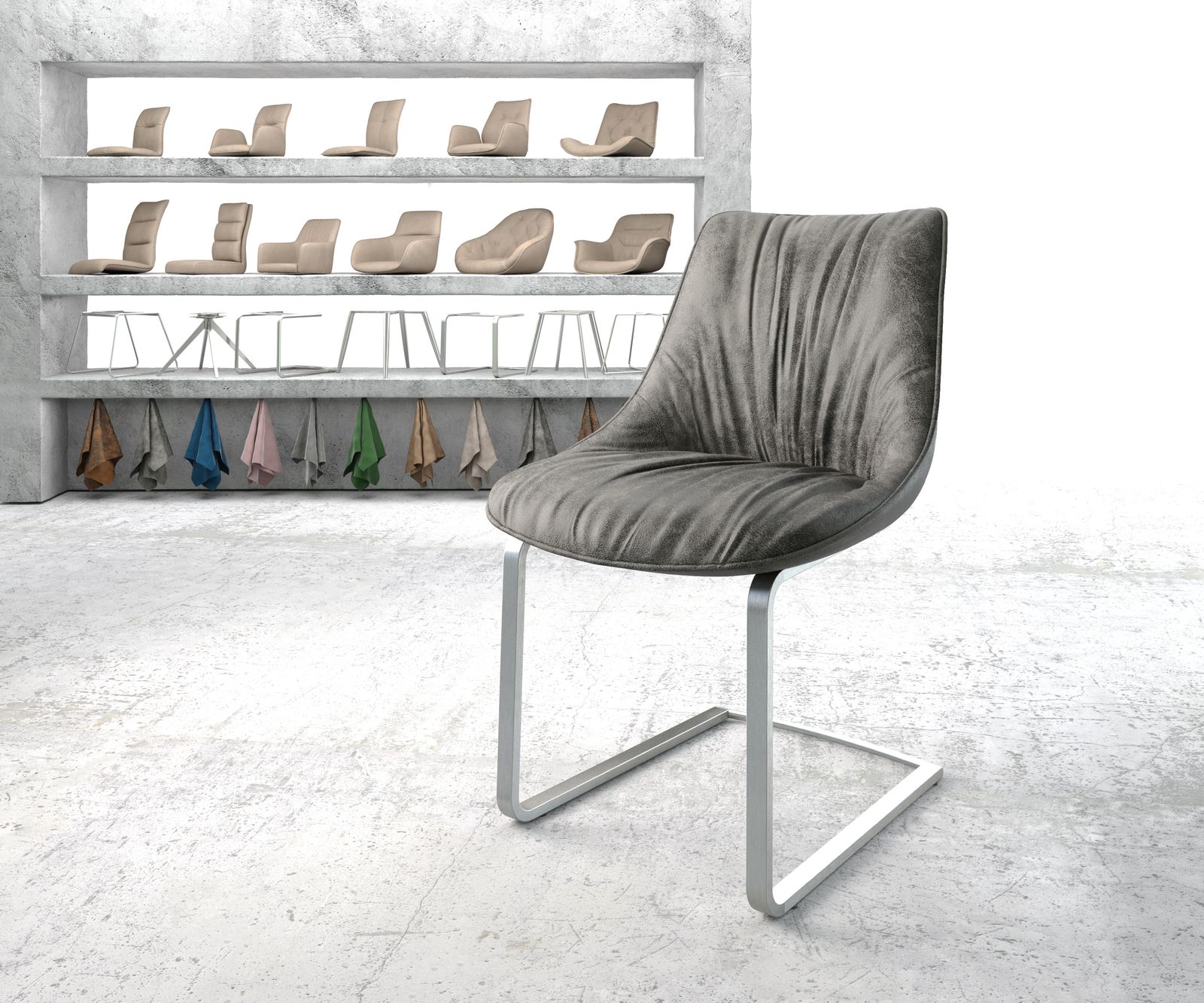 Chaise-de-salle-à-manger Elda-Flex gris vintage cantilever plat acier inoxydable