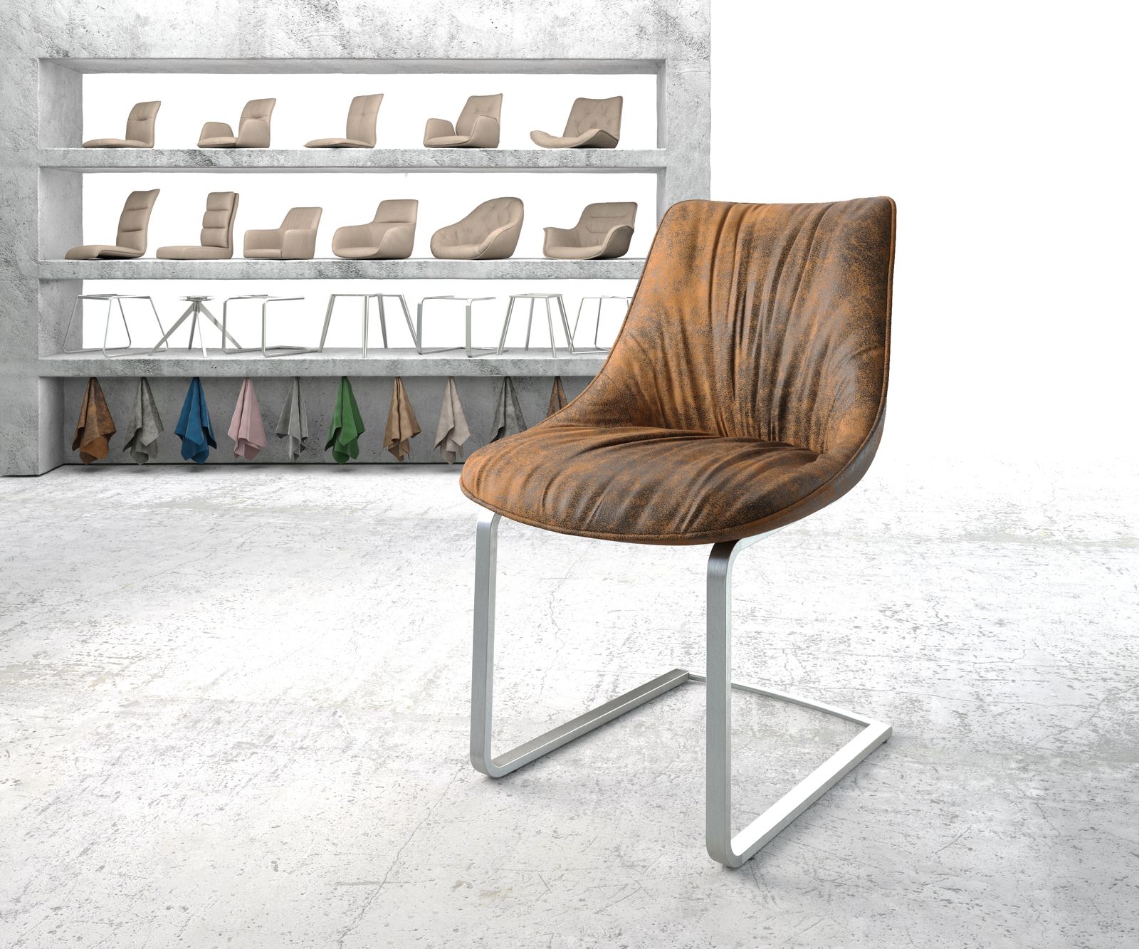 Chaise-de-salle-à-manger Elda-Flex marron vintage cantilever plat acier inoxydable