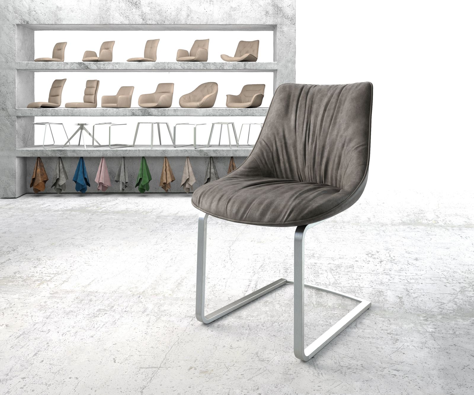 Chaise-de-salle-à-manger Elda-Flex anthracite vintage cantilever plat acier inoxydable