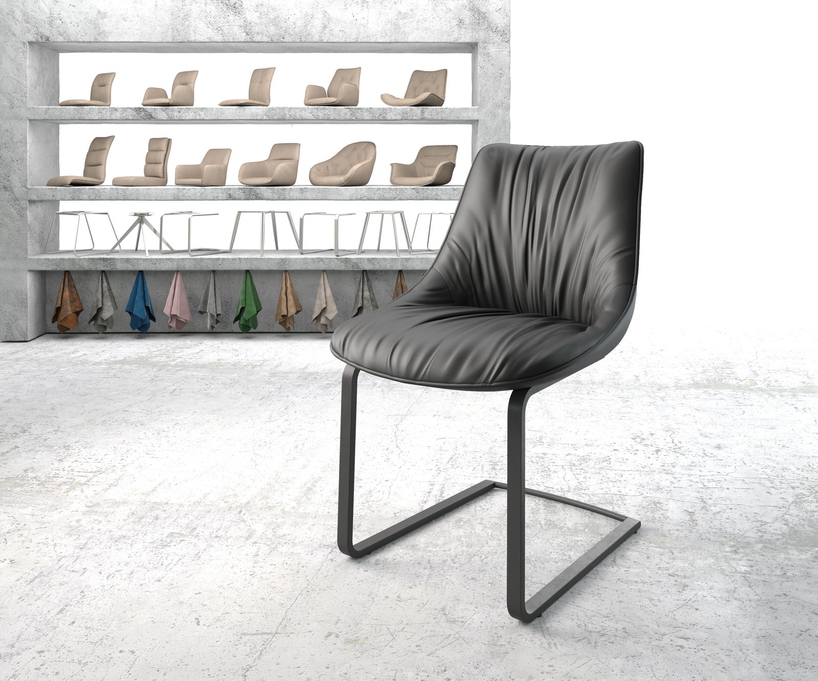 Chaise-de-salle-à-manger Elda-Flex cuir véritable noir cantilever plat noir