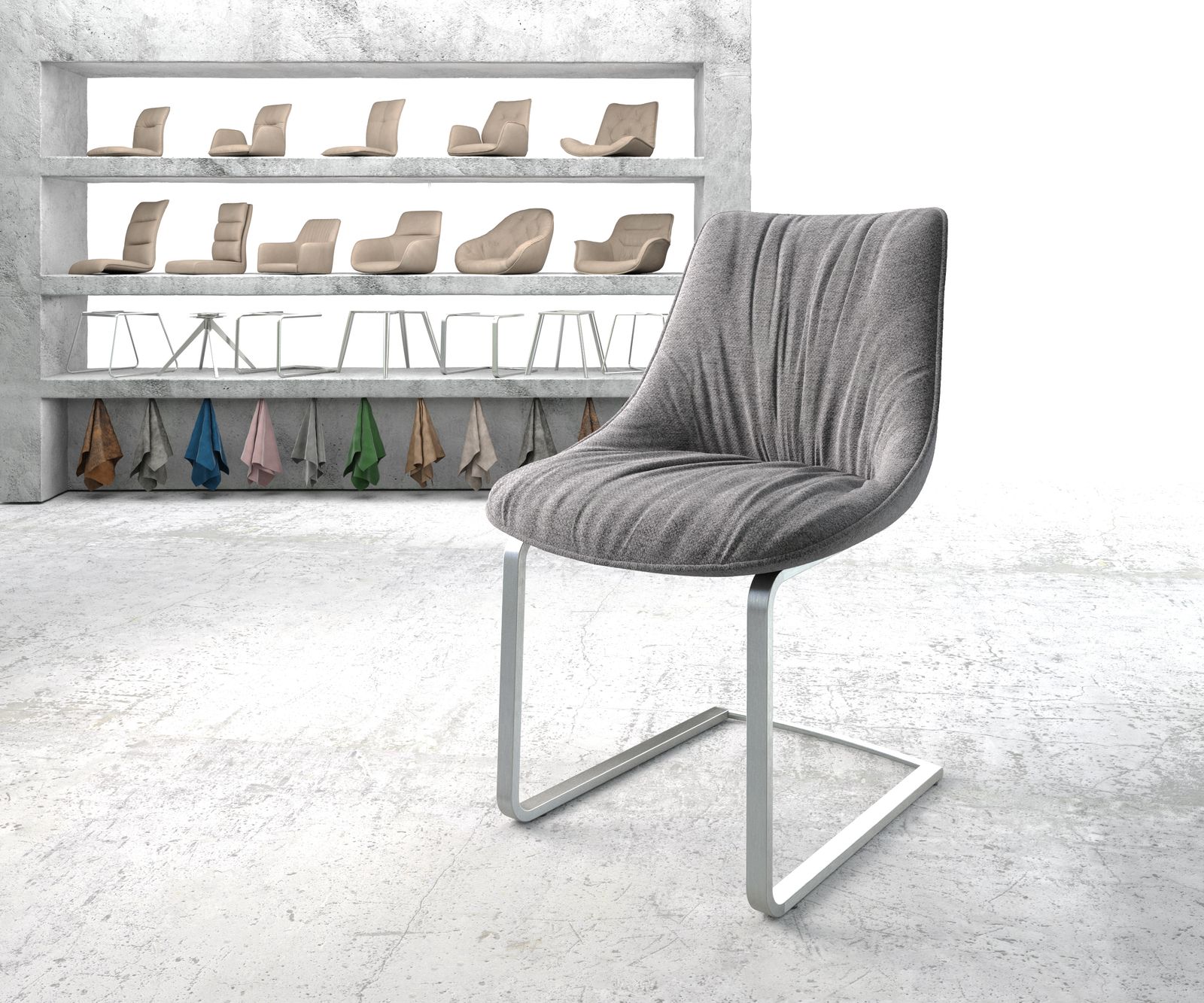 Chaise-de-salle-à-manger Elda-Flex tissu texturé gris clair cantilever plat acier inoxydable